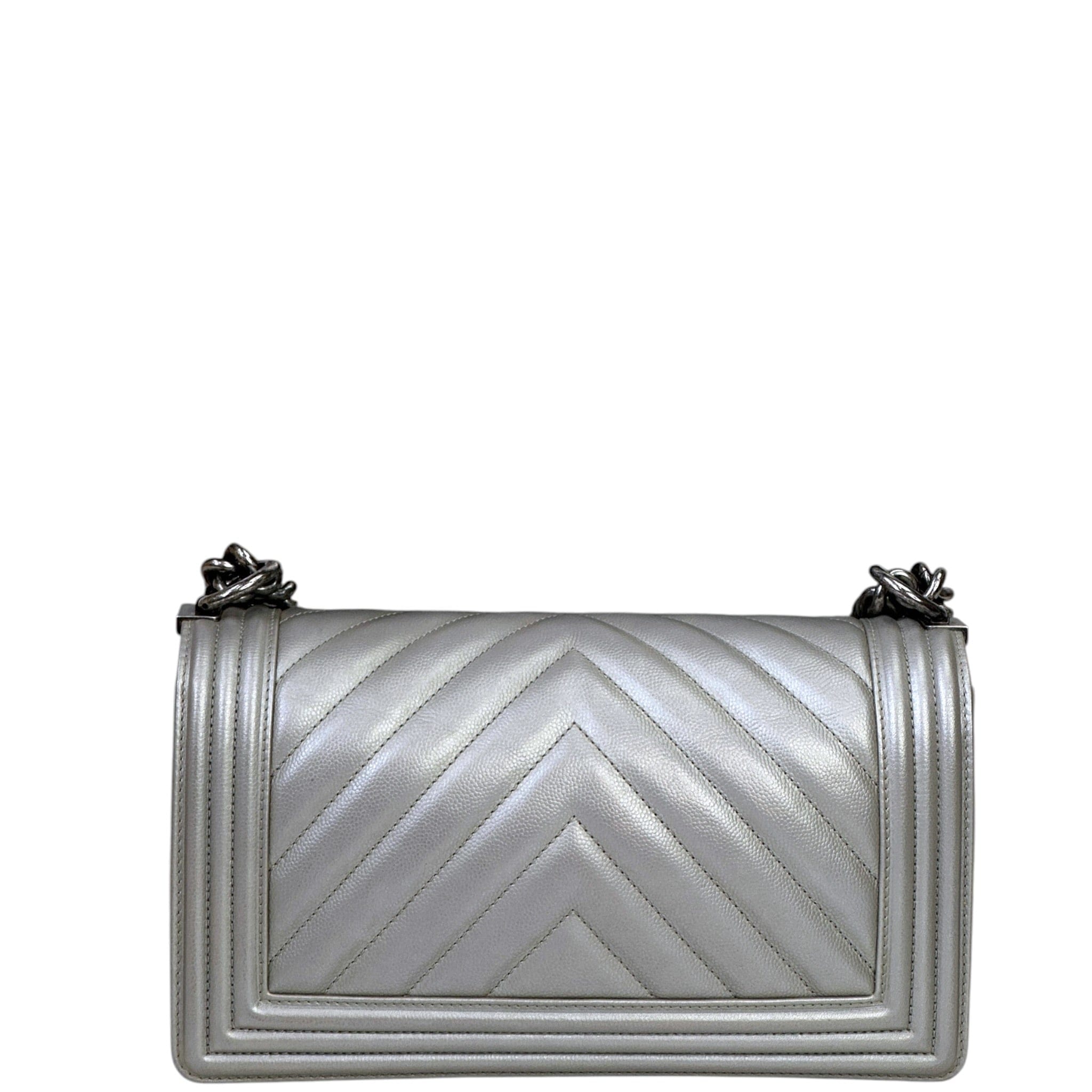 Chanel Boy Bag Medium Metallic Grey Chevron Caviar
