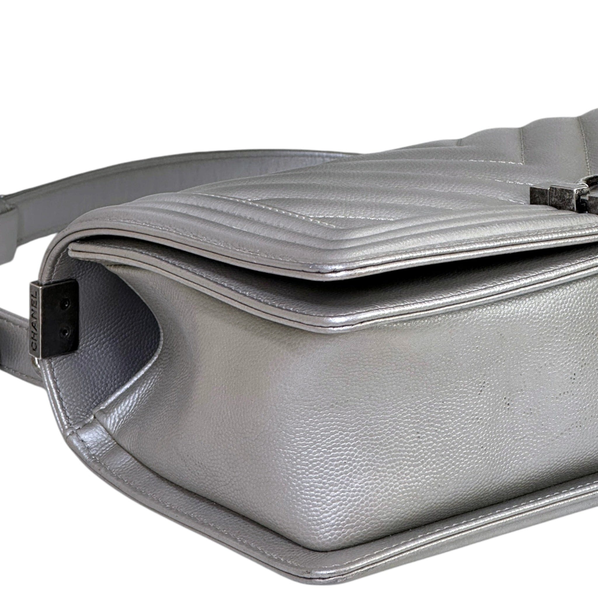 Chanel Boy Bag Medium Metallic Grey Chevron Caviar