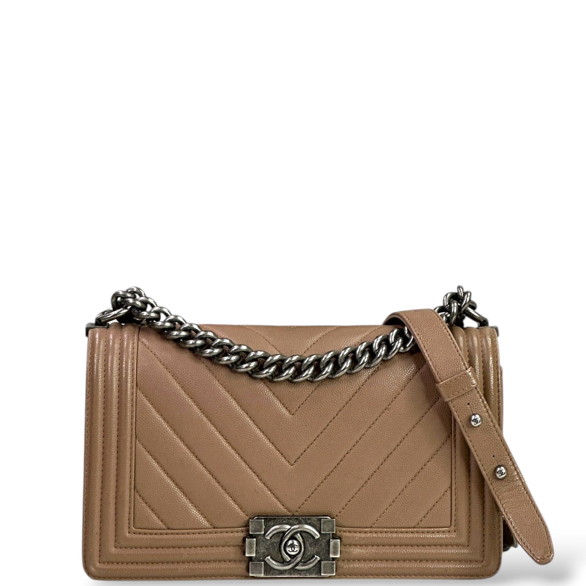 Chanel Boy Bag Medium Light Brown Caviar Chevron Quilted