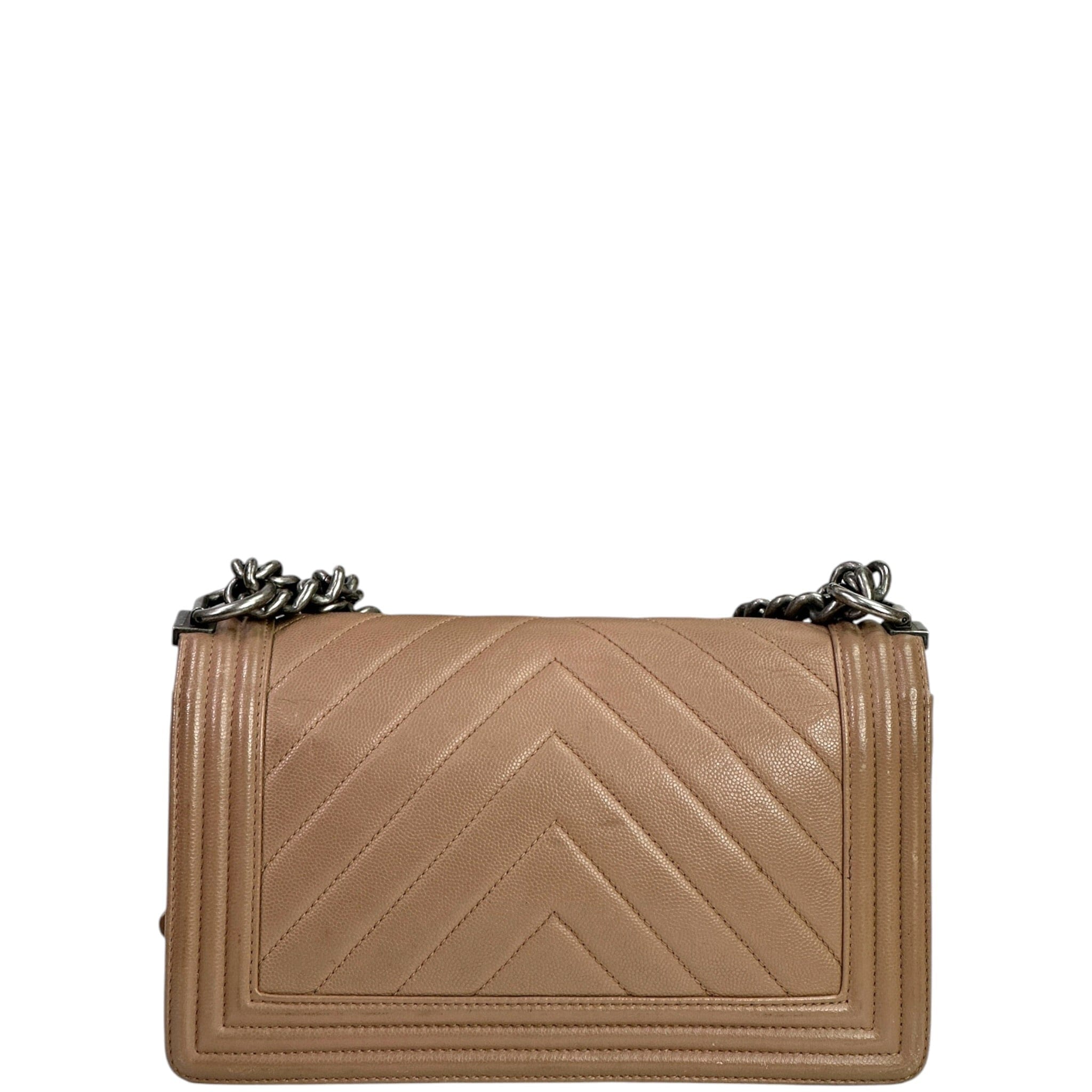 Chanel Boy Bag Medium Light Brown Caviar Chevron Quilted