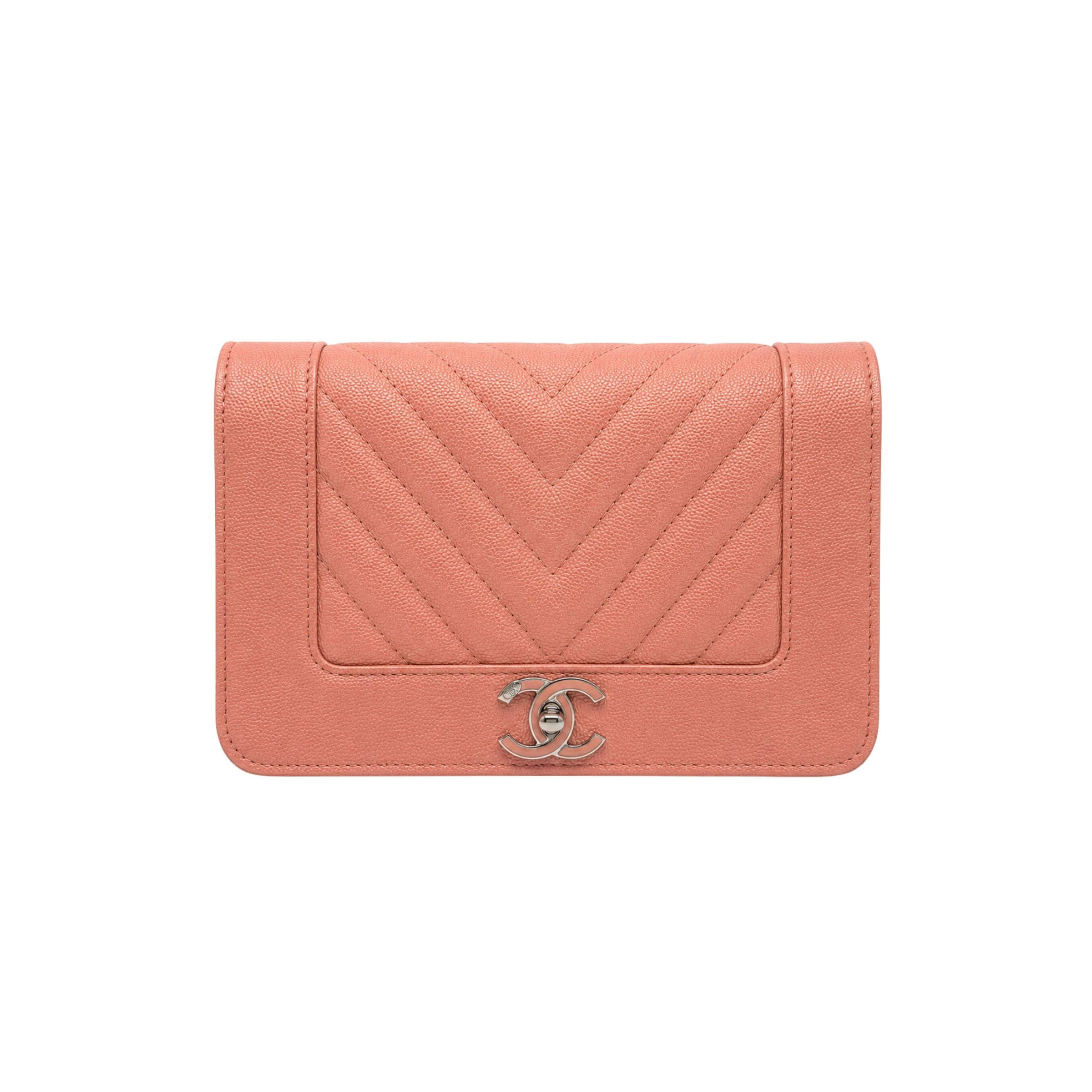 Chanel Metallic Blush Pink Caviar Chevron Wallet on Chain