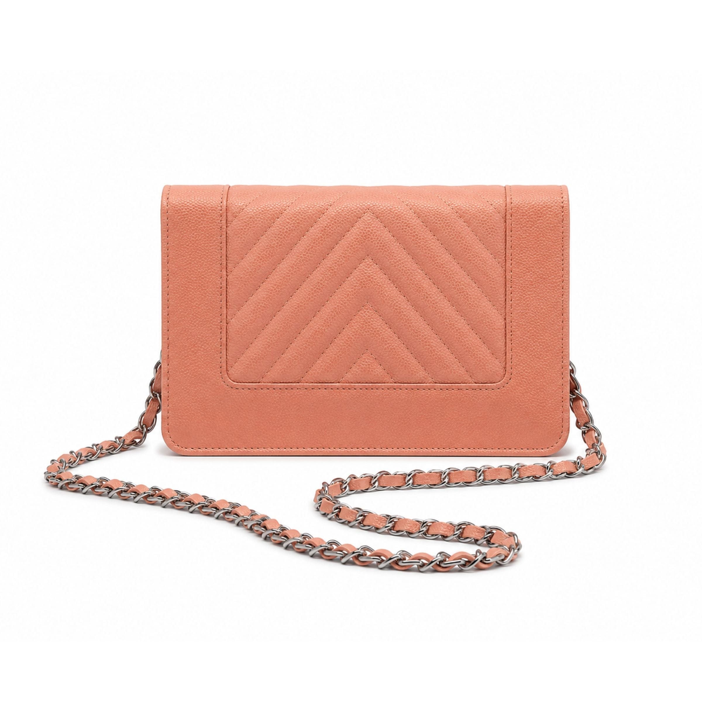 Chanel Metallic Blush Pink Caviar Chevron Wallet on Chain