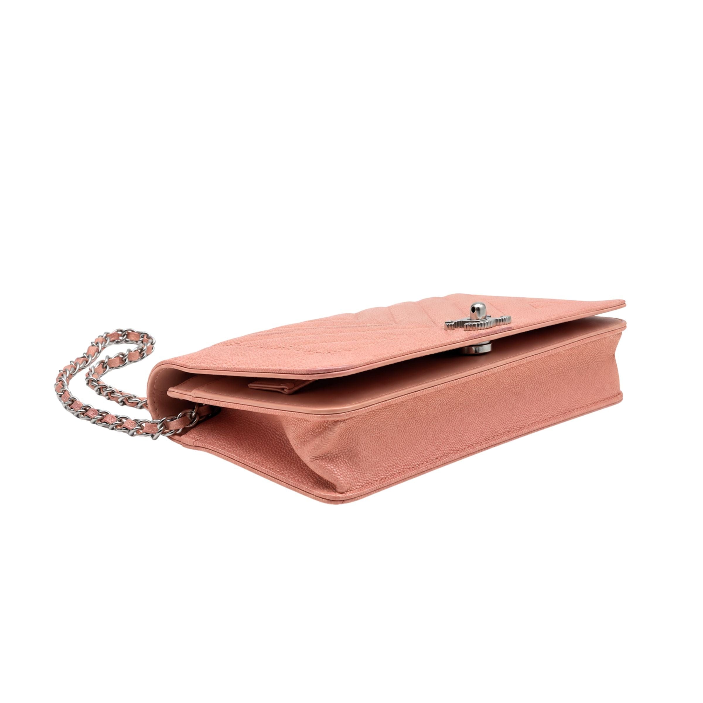 Chanel Metallic Blush Pink Caviar Chevron Wallet on Chain