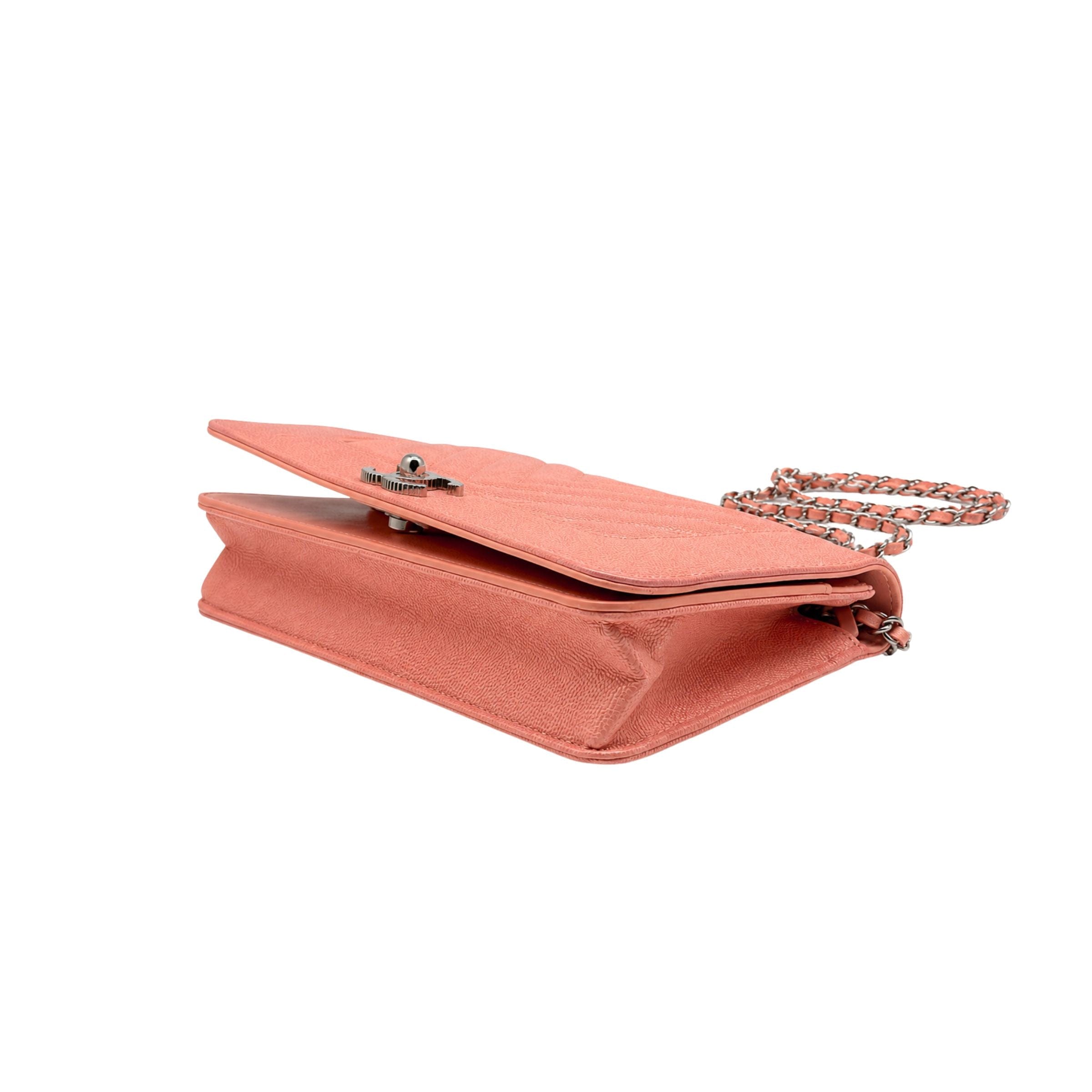 Chanel Metallic Blush Pink Caviar Chevron Wallet on Chain