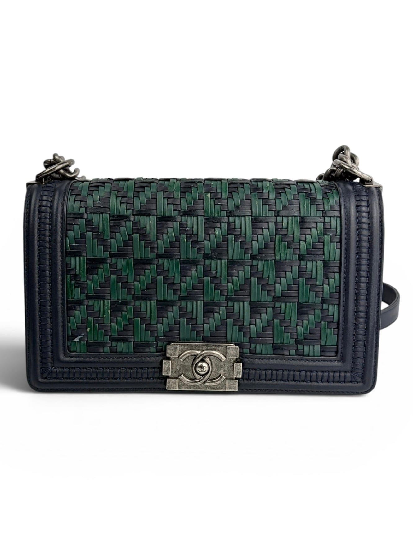 Chanel Navy & Green Calfskin Woven Old Medium Boy Bag