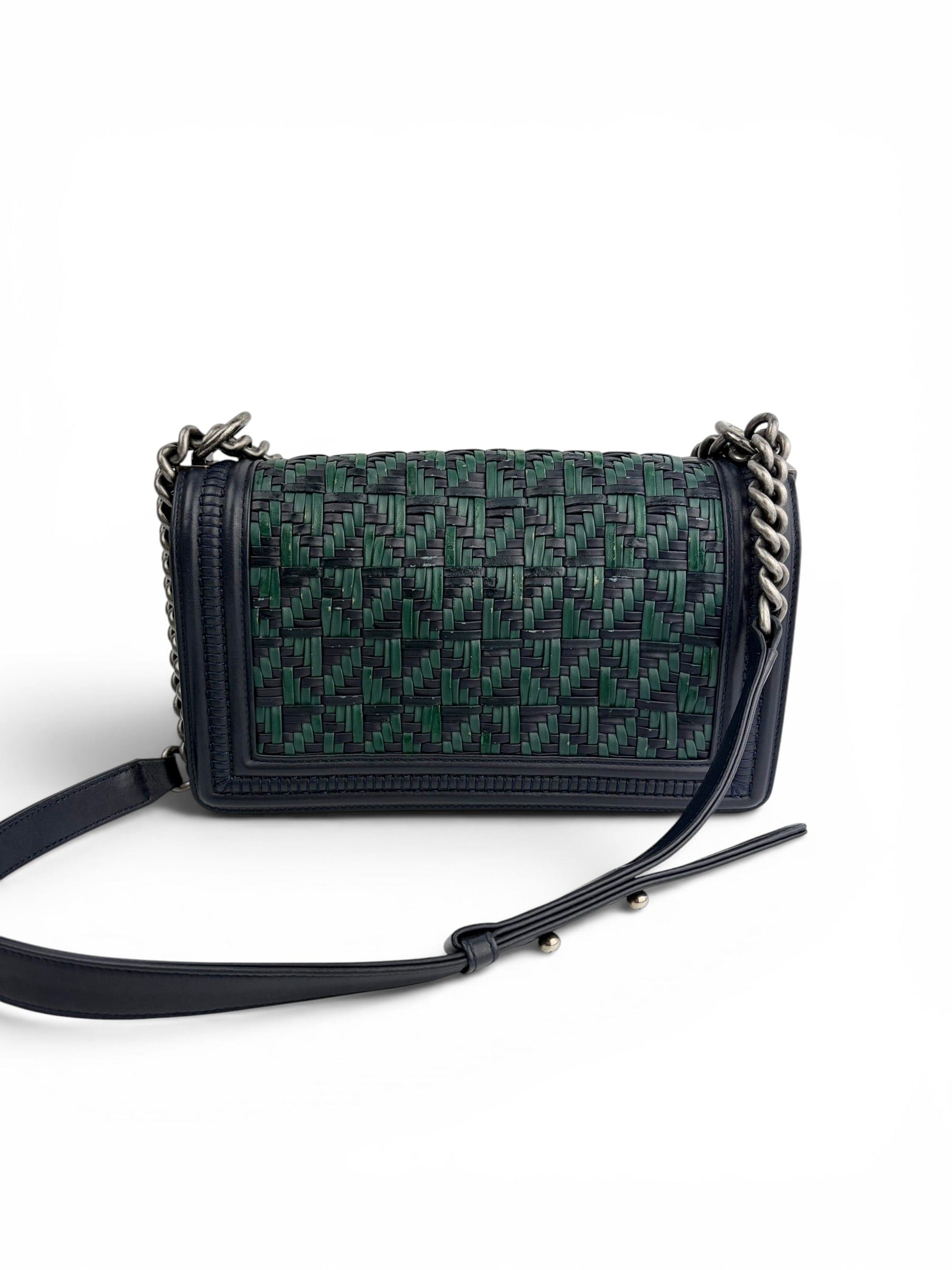 Chanel Navy & Green Calfskin Woven Old Medium Boy Bag