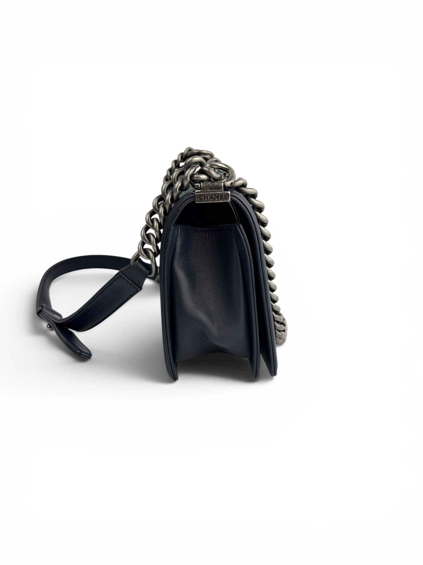 Chanel Navy & Green Calfskin Woven Old Medium Boy Bag