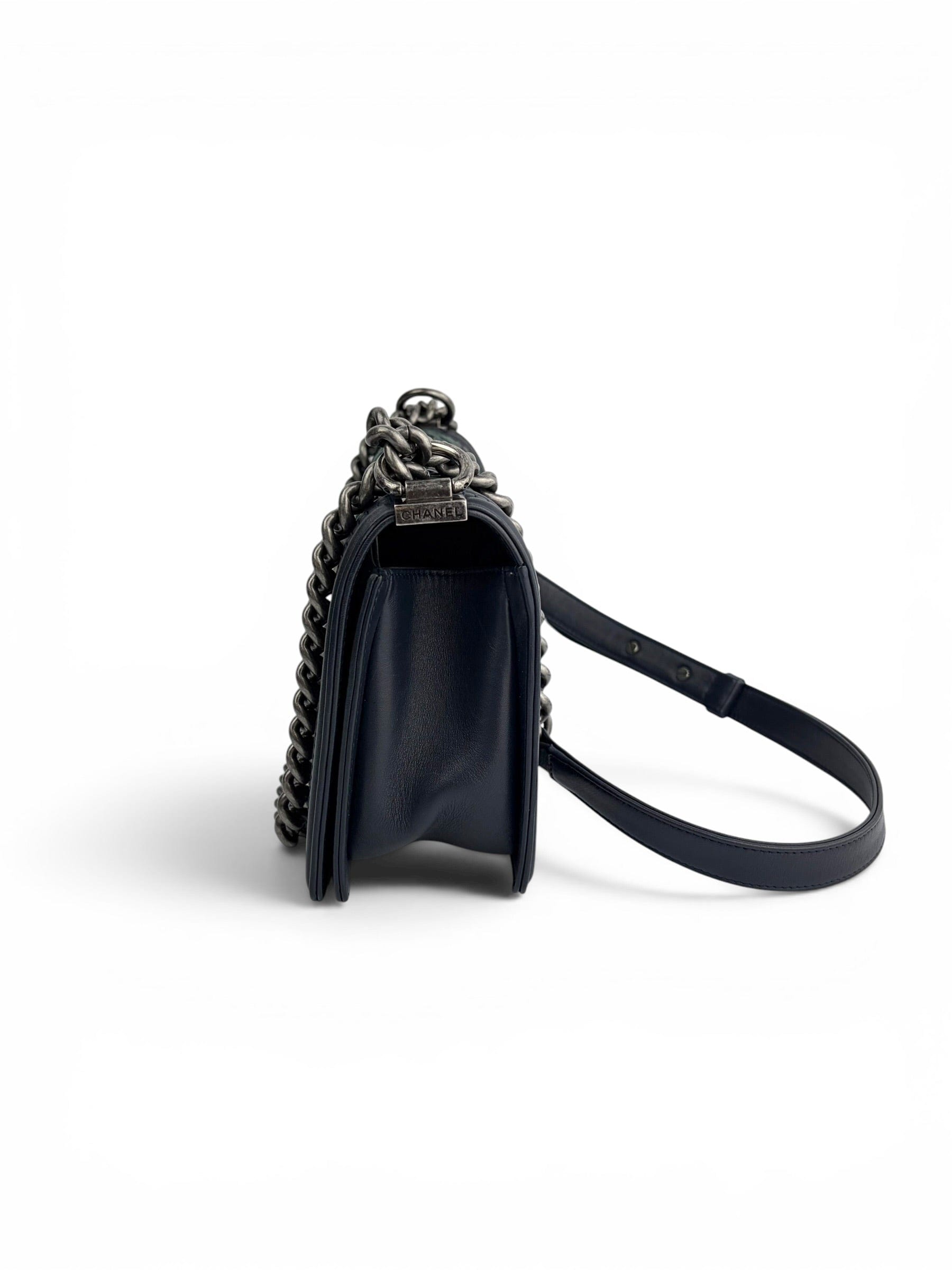 Chanel Navy & Green Calfskin Woven Old Medium Boy Bag