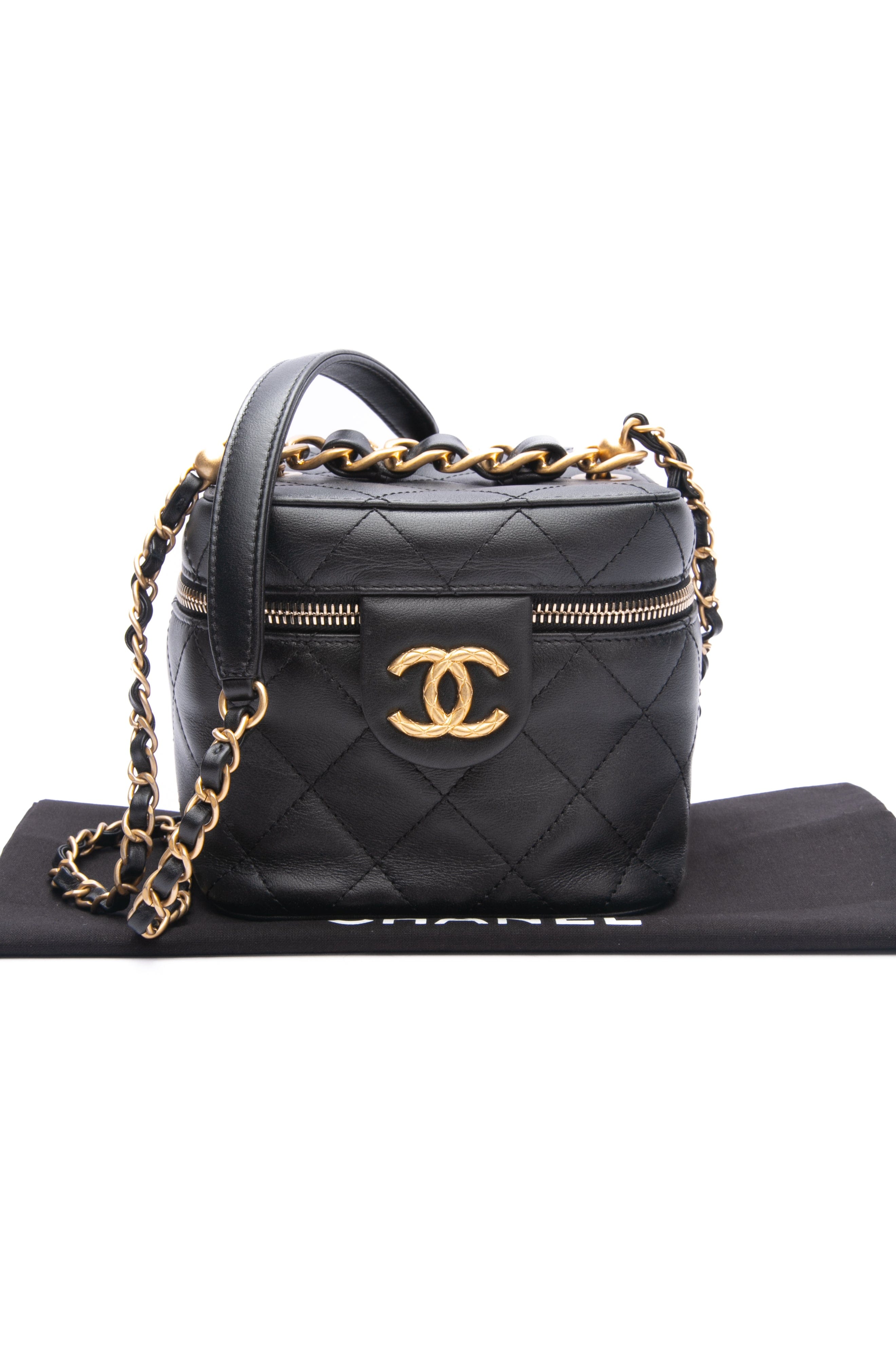 CHANEL Black Quilted Goatskin Chain Small Vanity Case