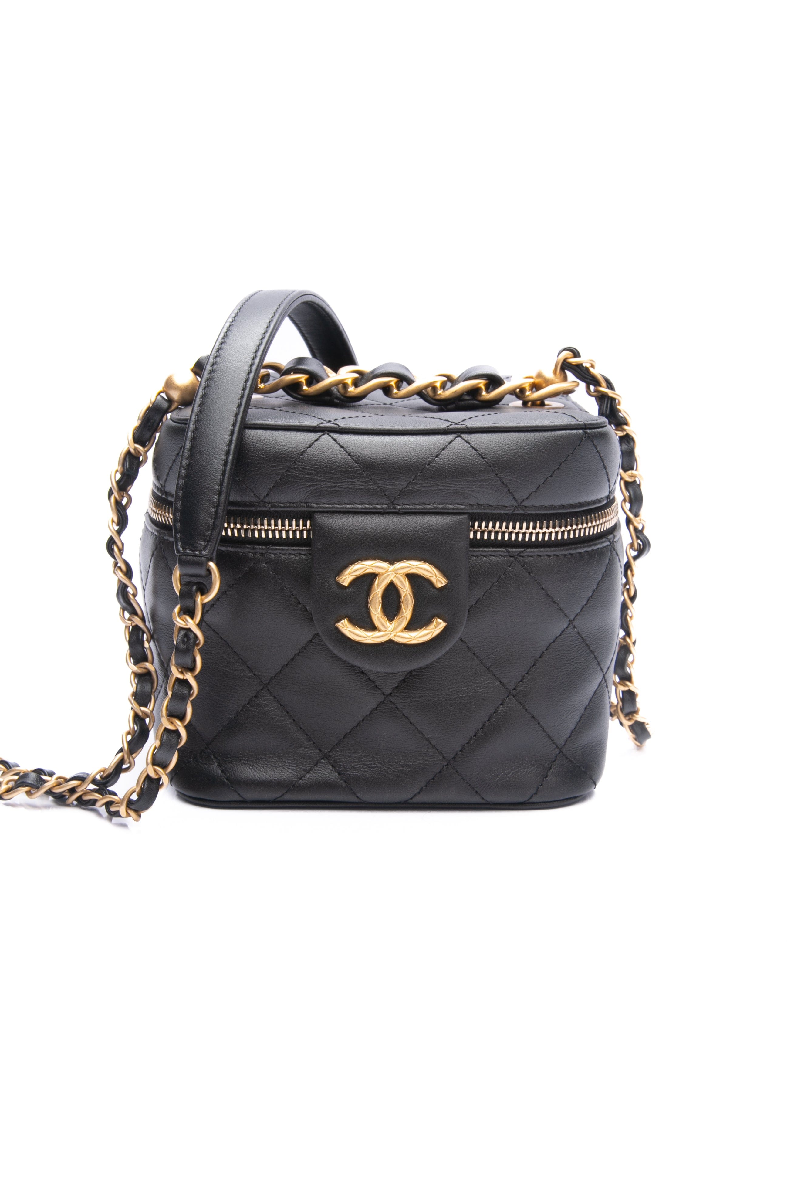 CHANEL Black Quilted Goatskin Chain Small Vanity Case