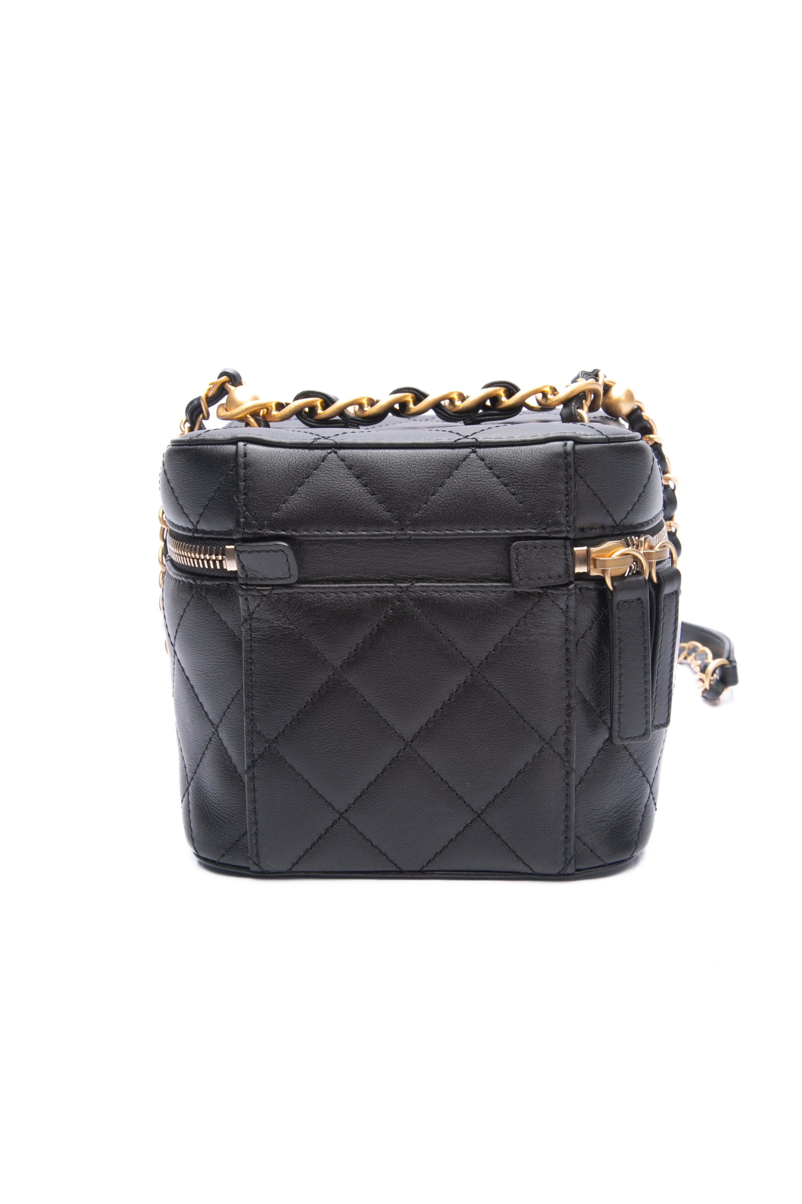 CHANEL Black Quilted Goatskin Chain Small Vanity Case