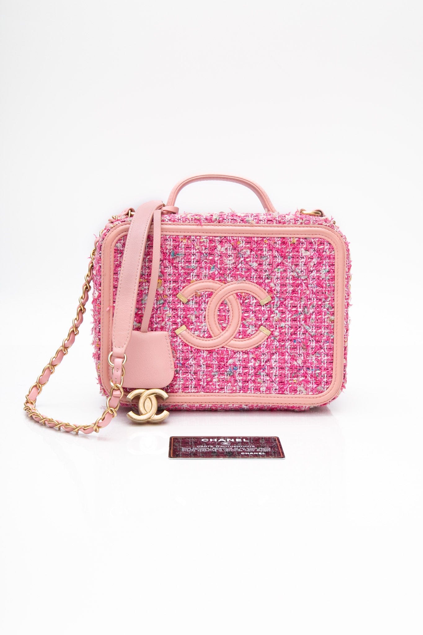 CHANEL Pink Tweed Quilted Medium CC Filigree Vanity Case