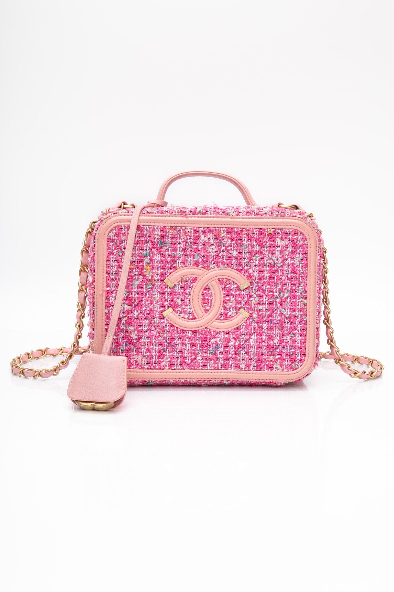CHANEL Pink Tweed Quilted Medium CC Filigree Vanity Case