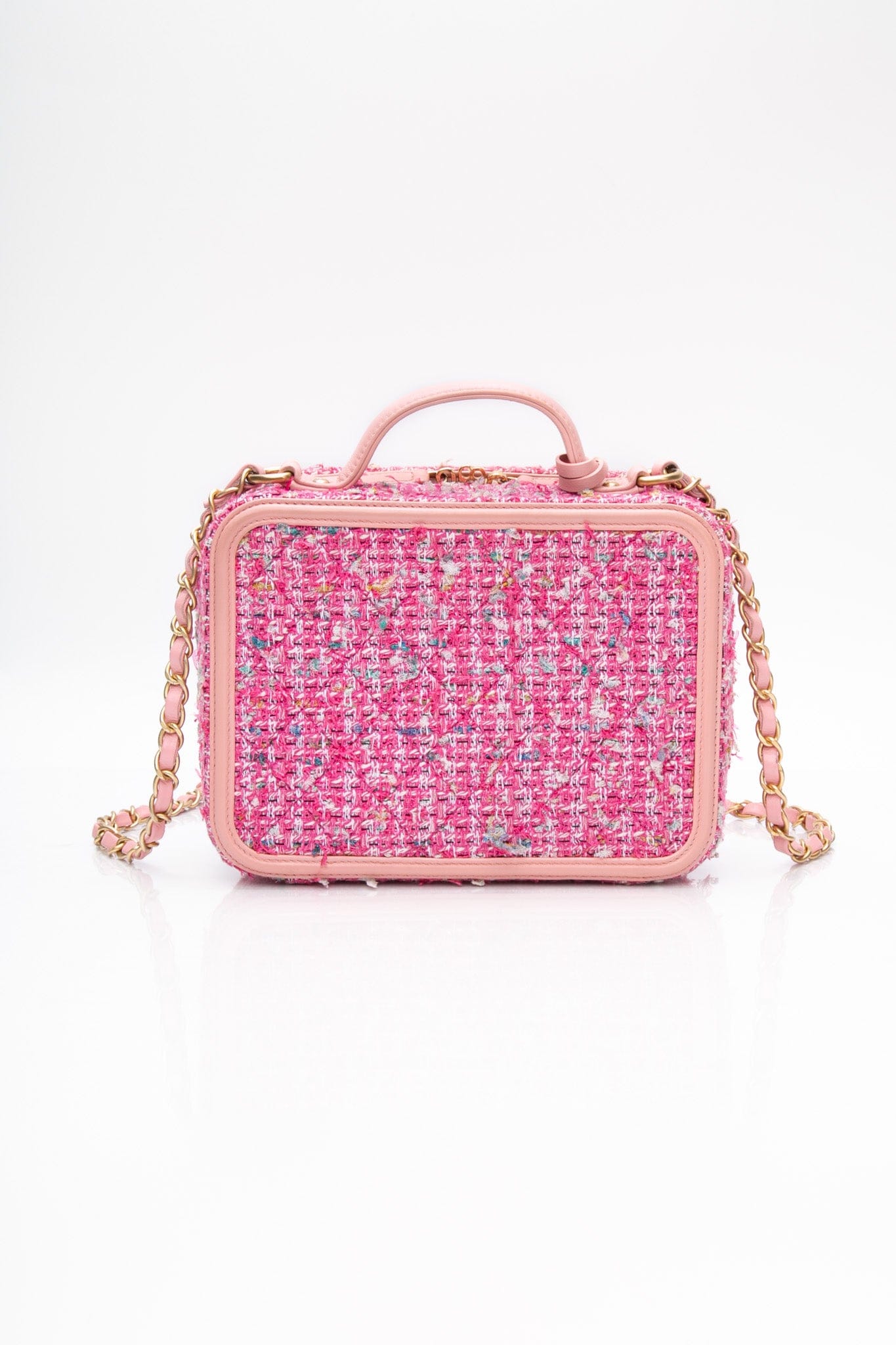 CHANEL Pink Tweed Quilted Medium CC Filigree Vanity Case