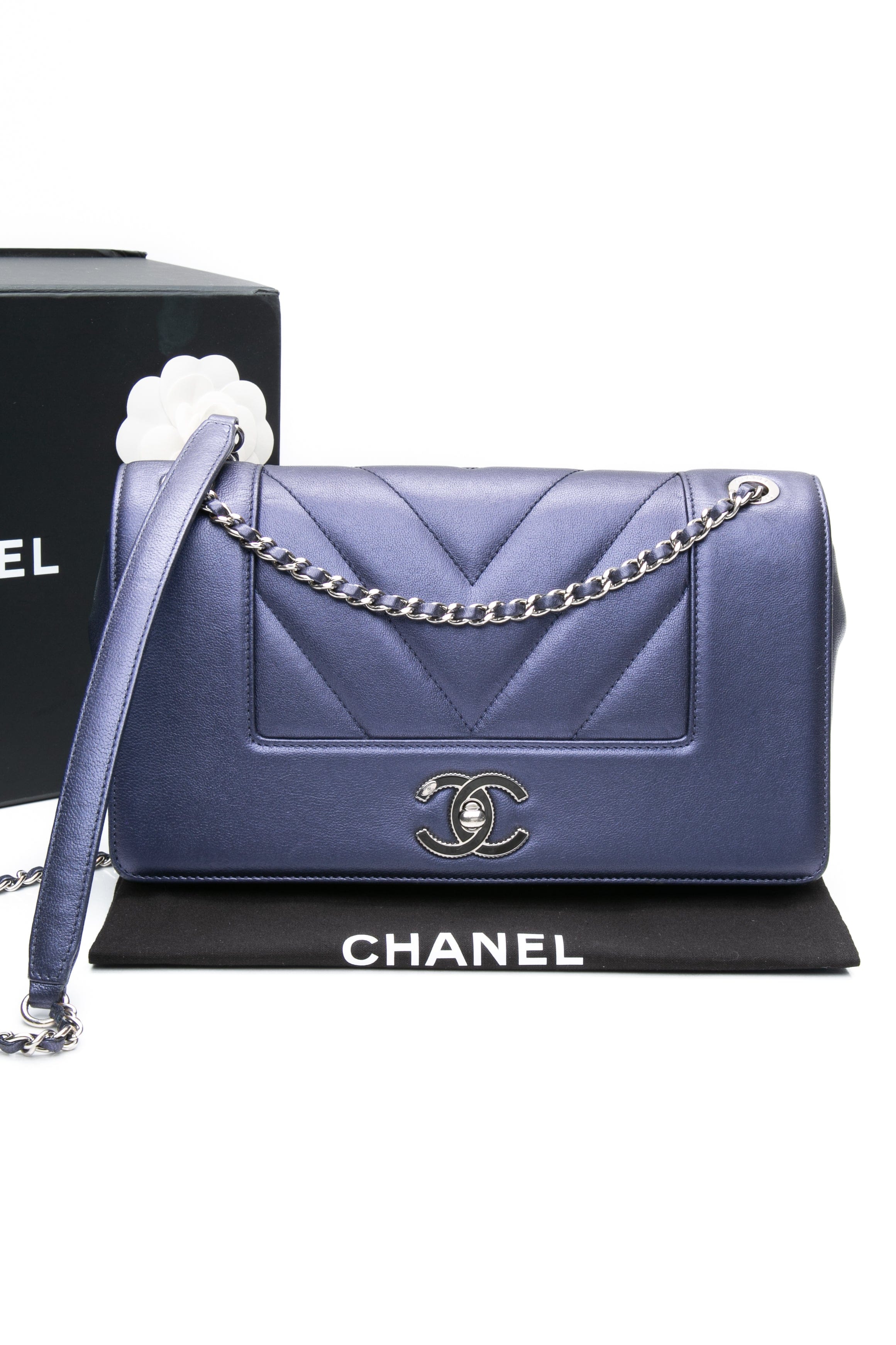 CHANEL Blue Metallic Sheepskin Chevron Quilted Medium Mademoiselle Flap Bag