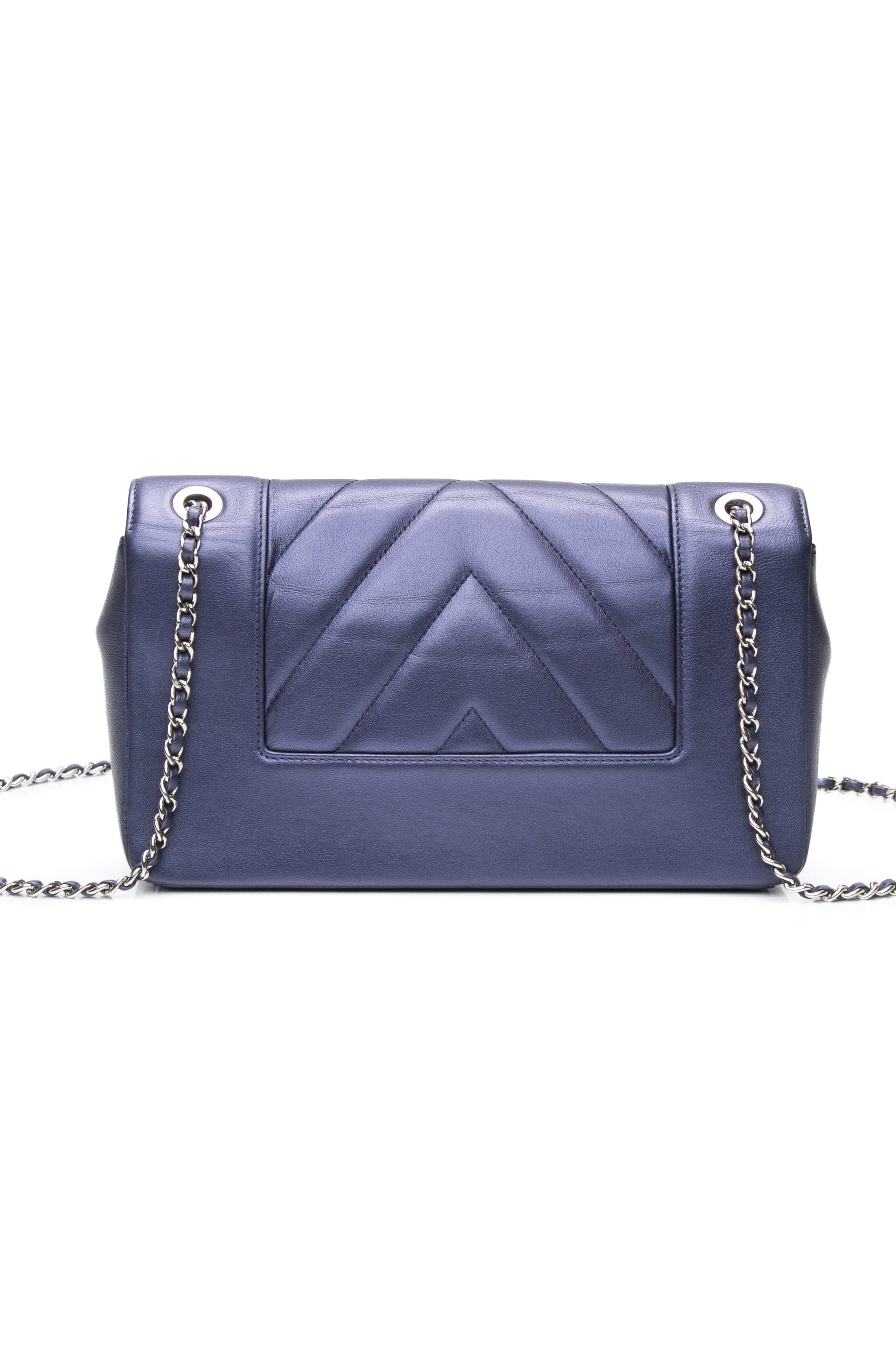 CHANEL Blue Metallic Sheepskin Chevron Quilted Medium Mademoiselle Flap Bag