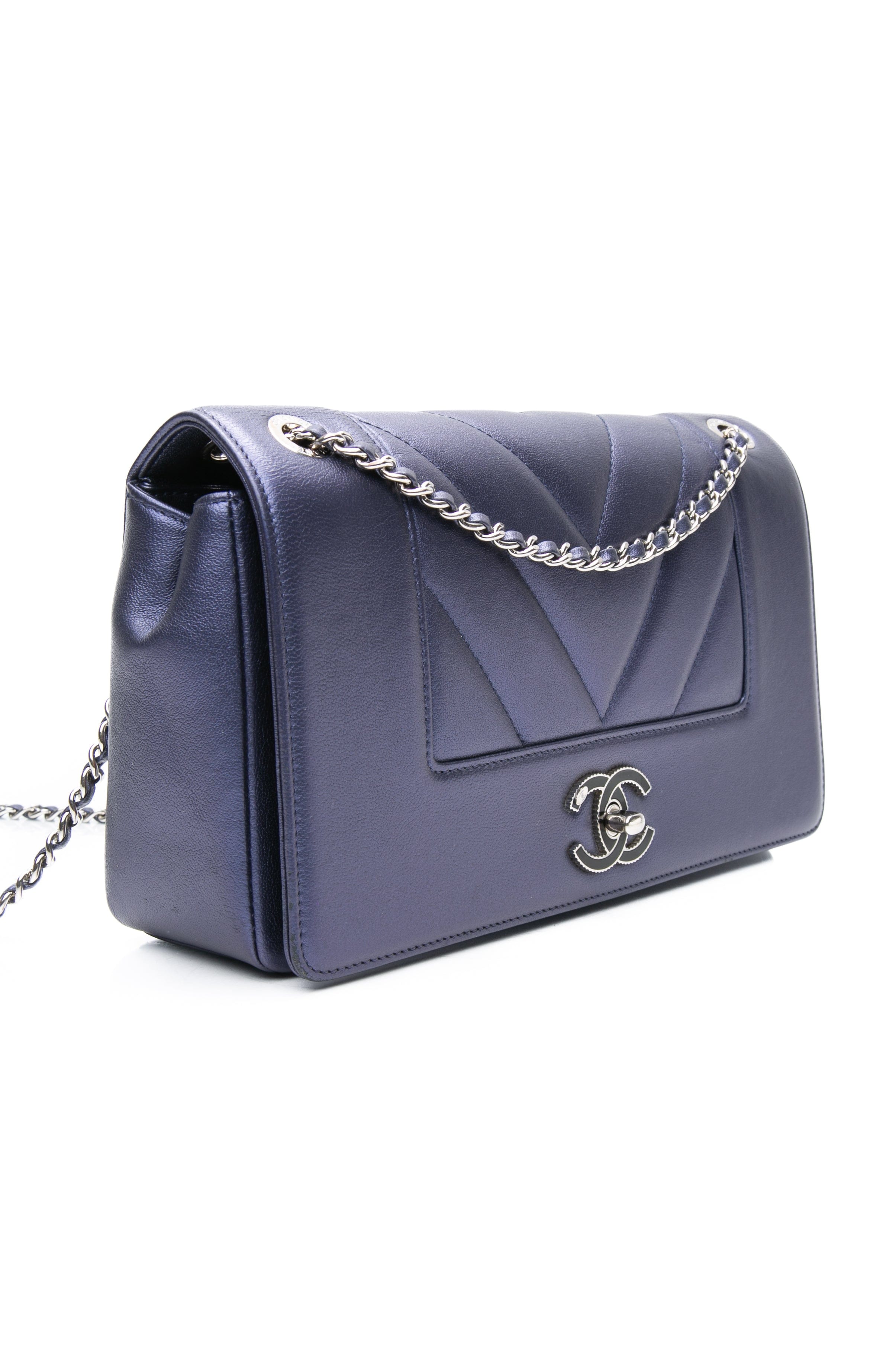 CHANEL Blue Metallic Sheepskin Chevron Quilted Medium Mademoiselle Flap Bag