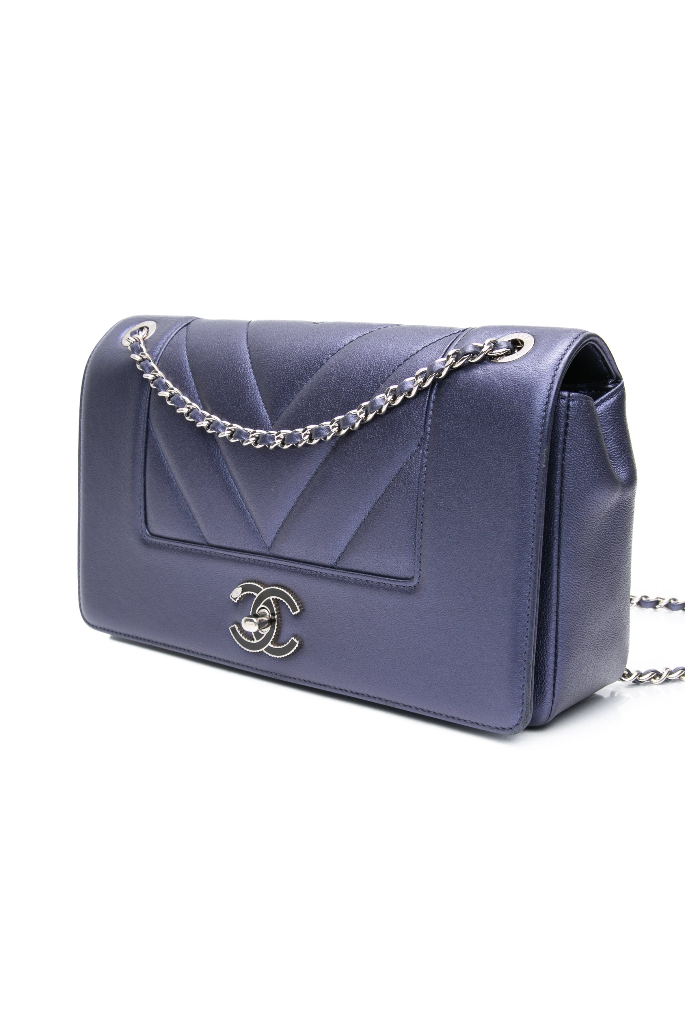 CHANEL Blue Metallic Sheepskin Chevron Quilted Medium Mademoiselle Flap Bag