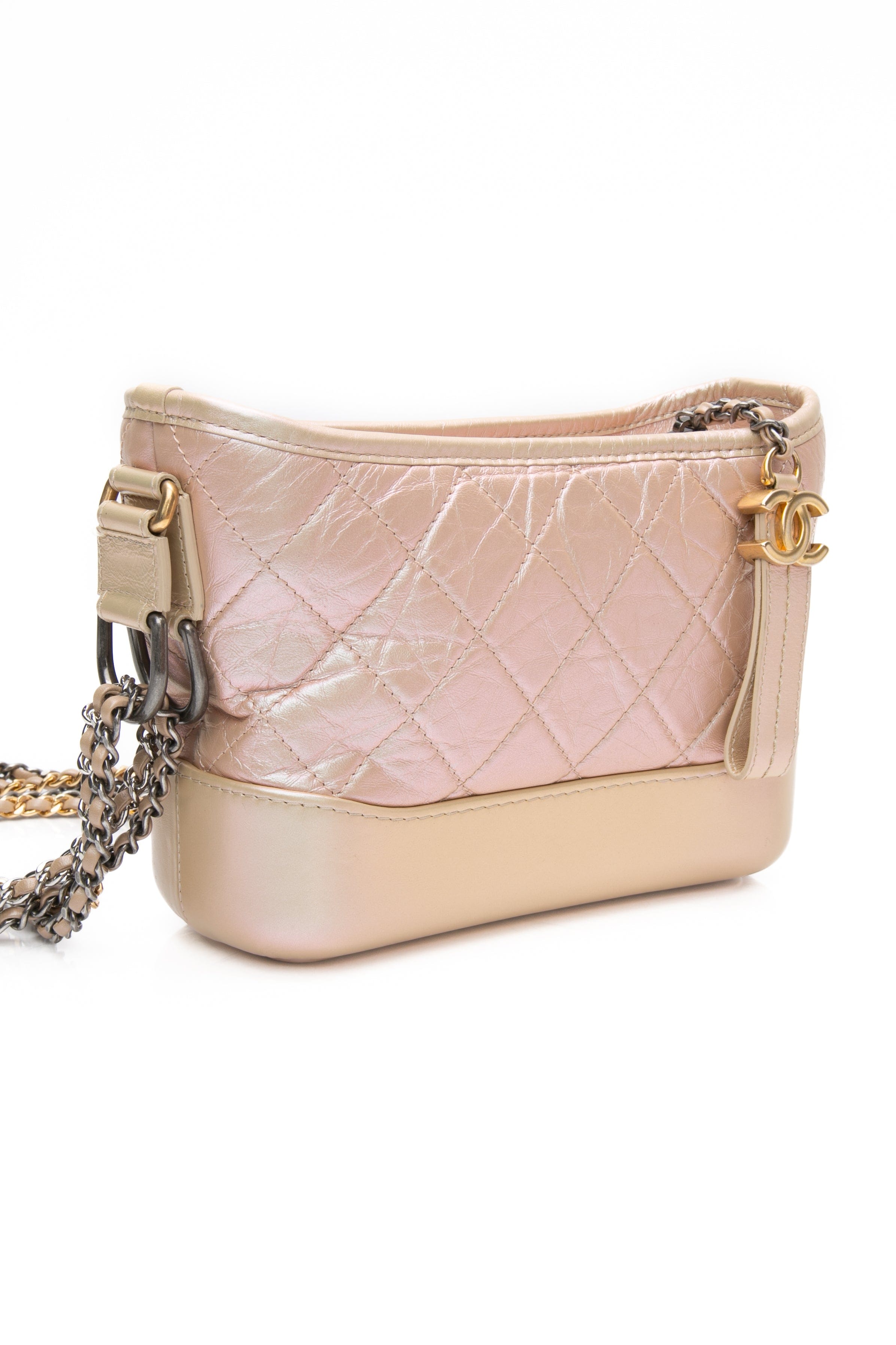 CHANEL Light Pink Iridescent Aged Calfskin Quilted Small Gabrielle Hobo Bag