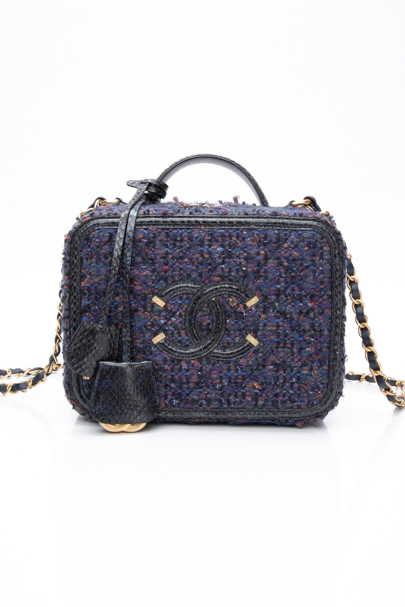 CHANEL Blue Tweed Quilted CC Filigree Python Medium