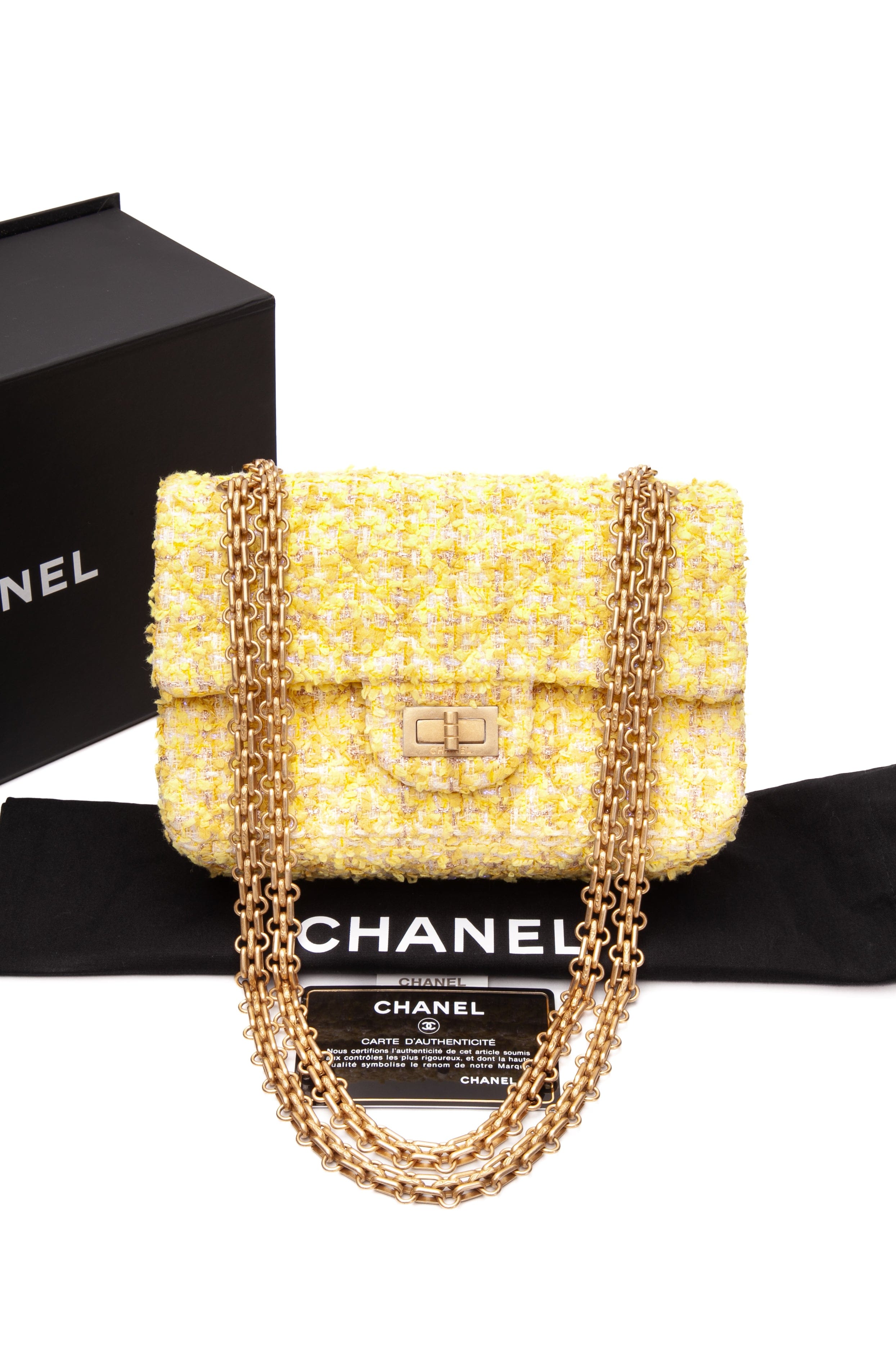 CHANEL Yellow Tweed Quilted 2.55 Reissue Mini Flap Bag