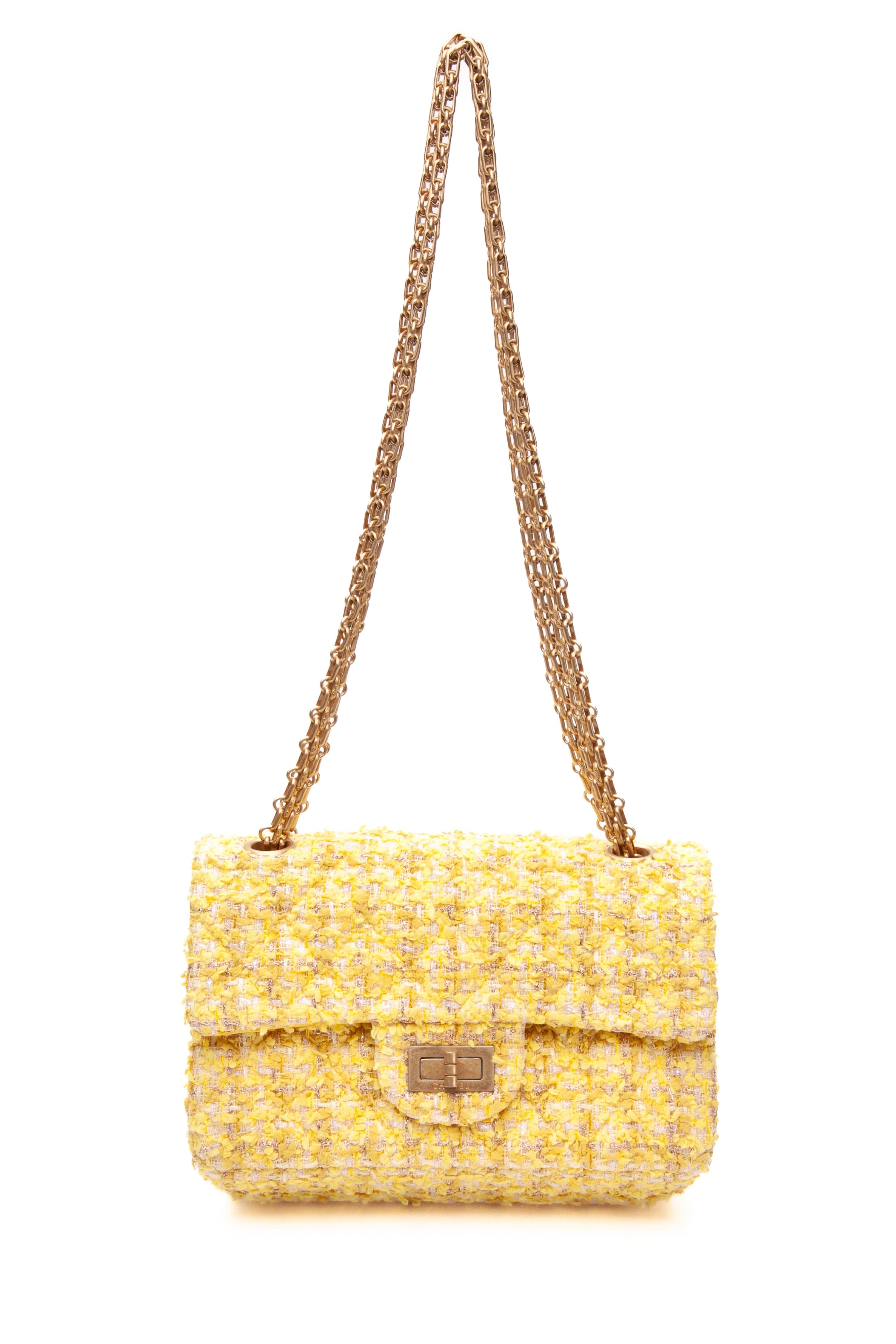 CHANEL Yellow Tweed Quilted 2.55 Reissue Mini Flap Bag