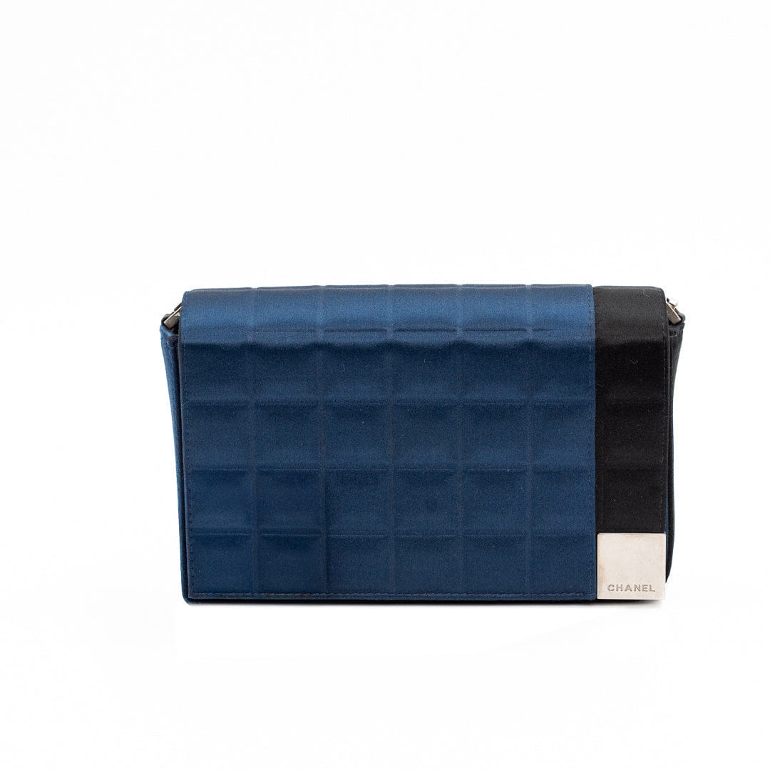 Chanel Vintage Chocolate Bar Bag in Navy Blue Quilted Satin with Silver Hardware