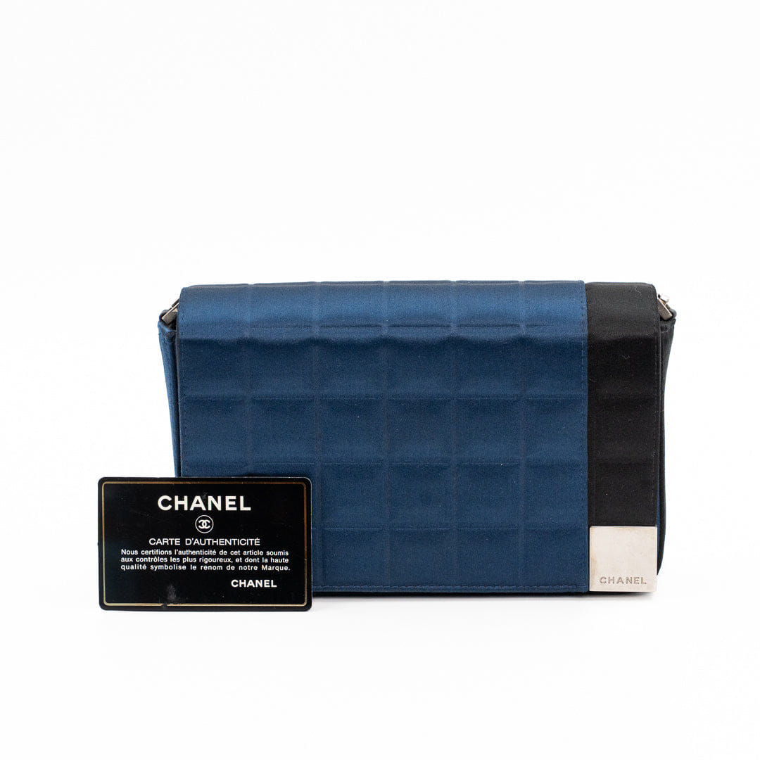 Chanel Vintage Chocolate Bar Bag in Navy Blue Quilted Satin with Silver Hardware
