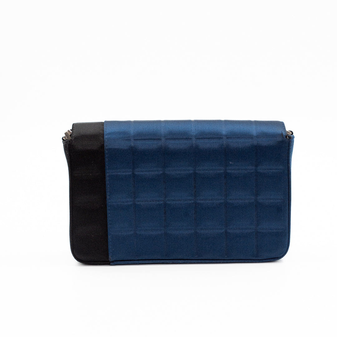 Chanel Vintage Chocolate Bar Bag in Navy Blue Quilted Satin with Silver Hardware
