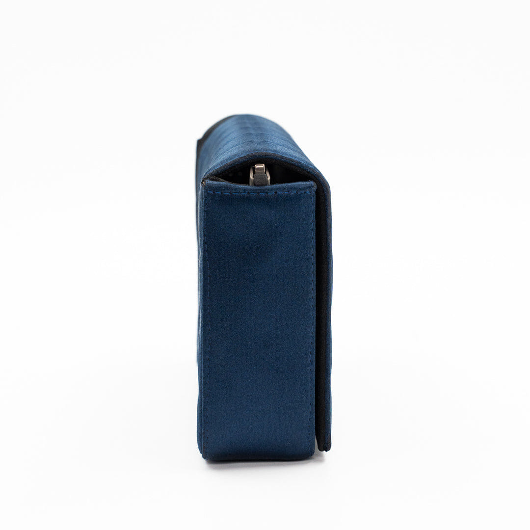 Chanel Vintage Chocolate Bar Bag in Navy Blue Quilted Satin with Silver Hardware