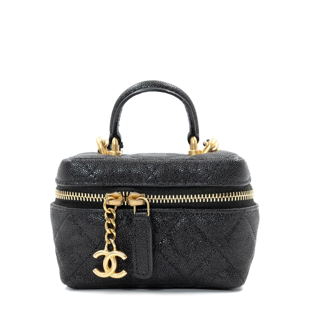Chanel Mini Vanity Case with Chain in Black Quilted Caviar Leather with Gold Hardware