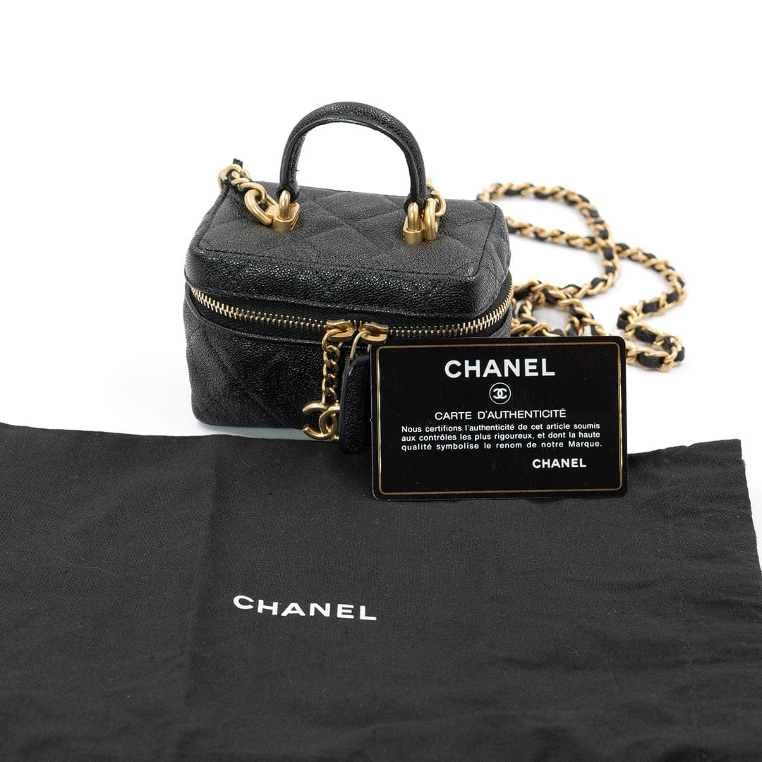 Chanel Mini Vanity Case with Chain in Black Quilted Caviar Leather with Gold Hardware