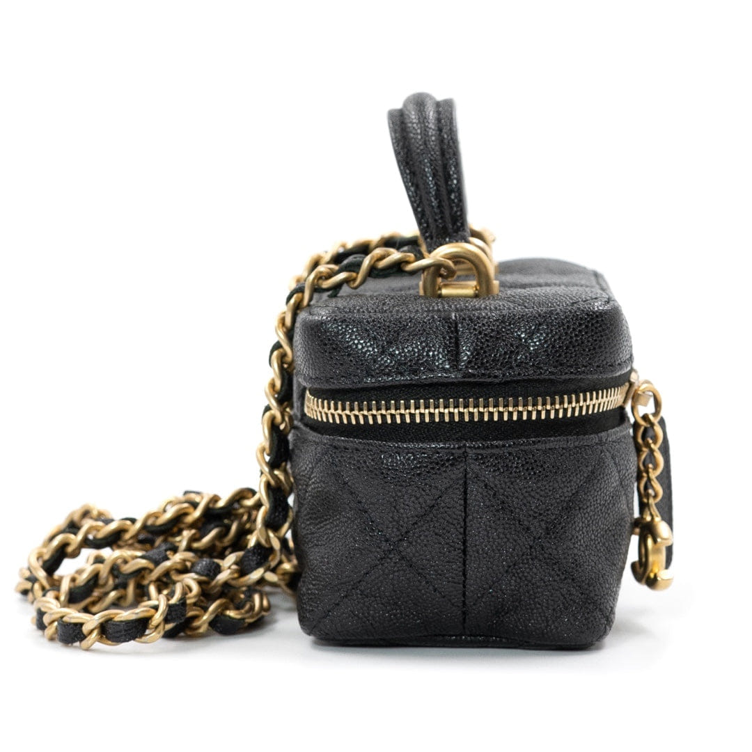 Chanel Mini Vanity Case with Chain in Black Quilted Caviar Leather with Gold Hardware