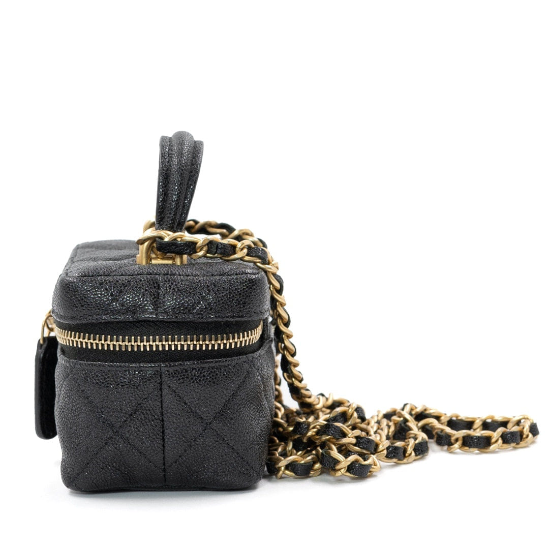 Chanel Mini Vanity Case with Chain in Black Quilted Caviar Leather with Gold Hardware