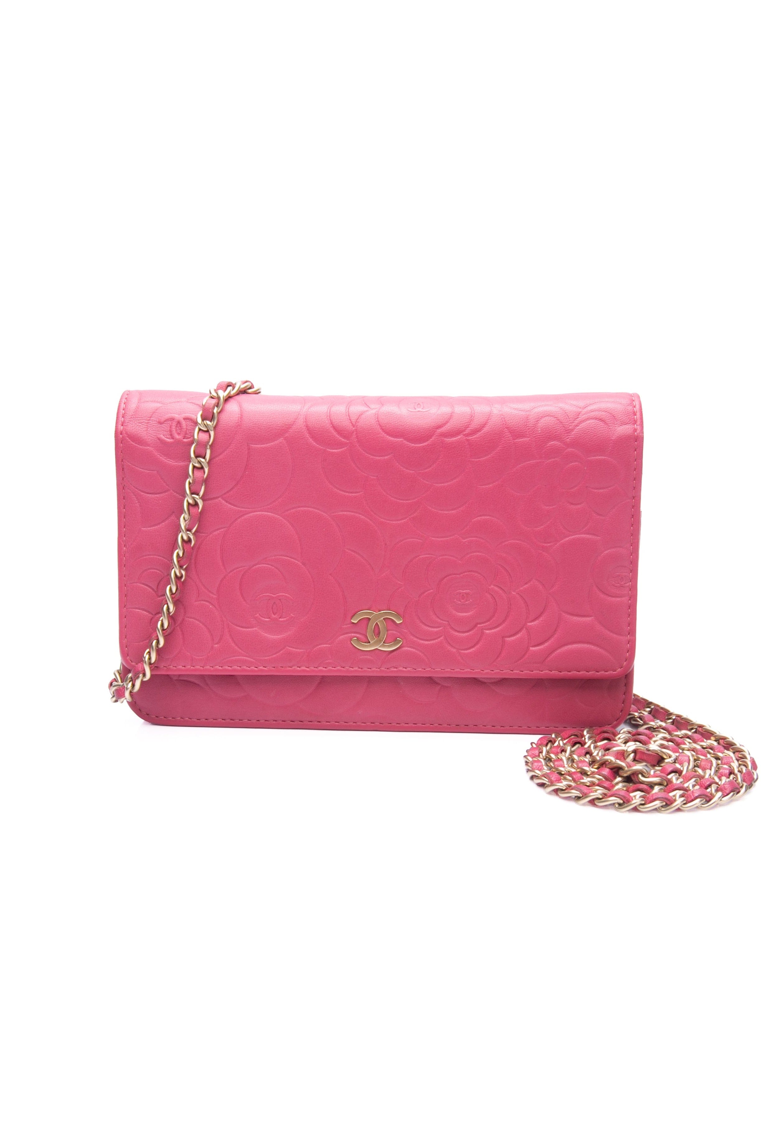 CHANEL Pink Lambskin Quilted Camellia Wallet on Chain WOC