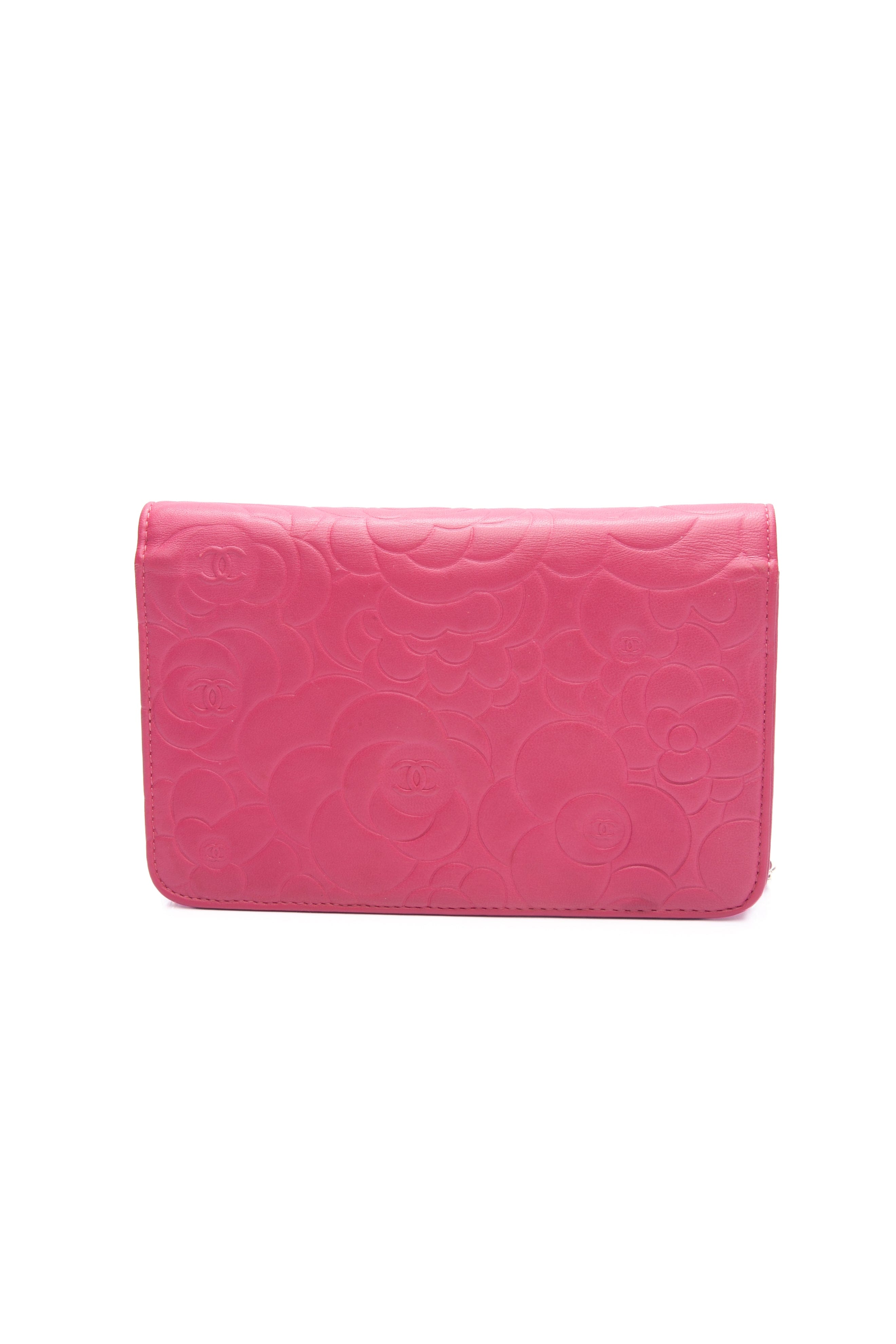 CHANEL Pink Lambskin Quilted Camellia Wallet on Chain WOC