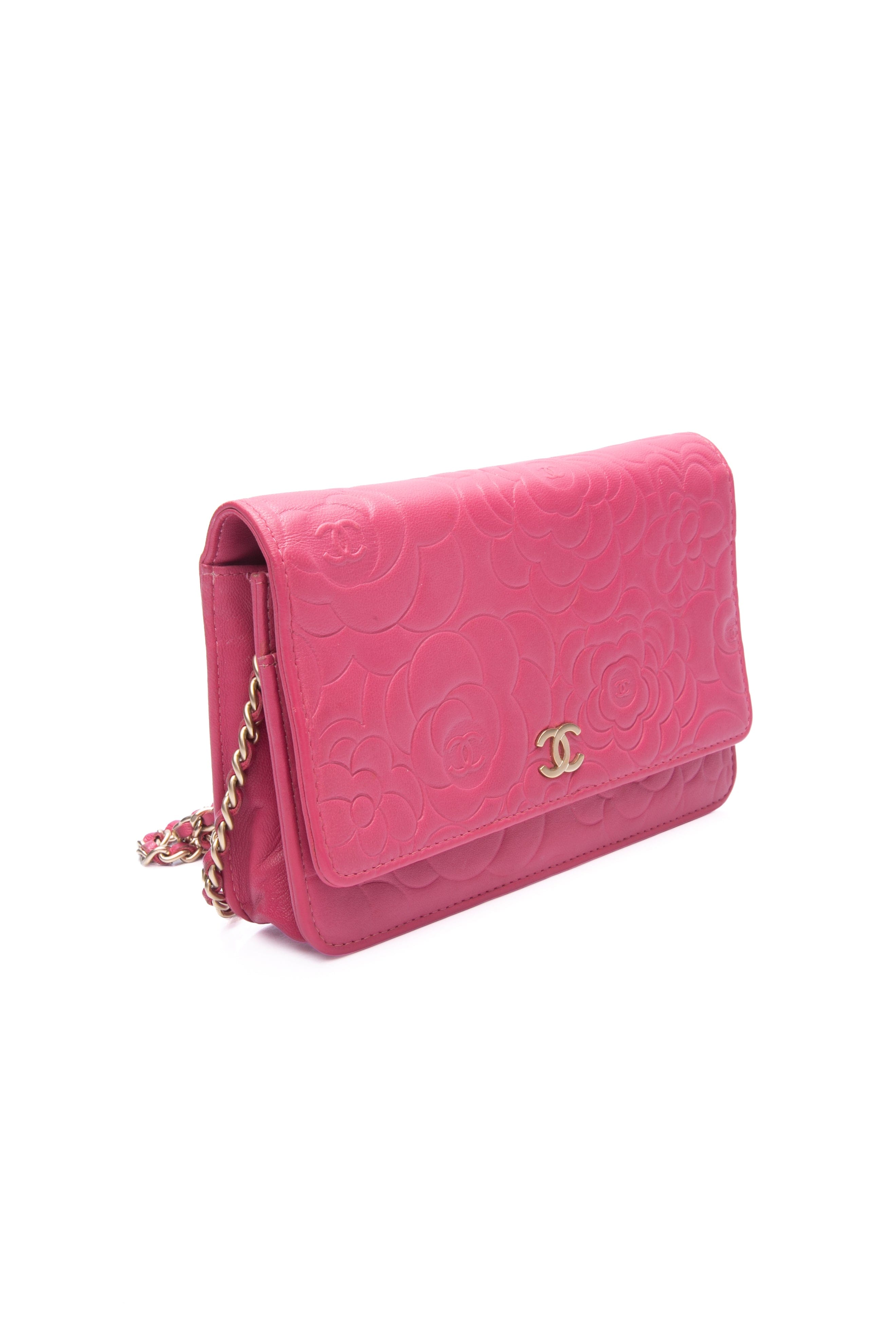 CHANEL Pink Lambskin Quilted Camellia Wallet on Chain WOC