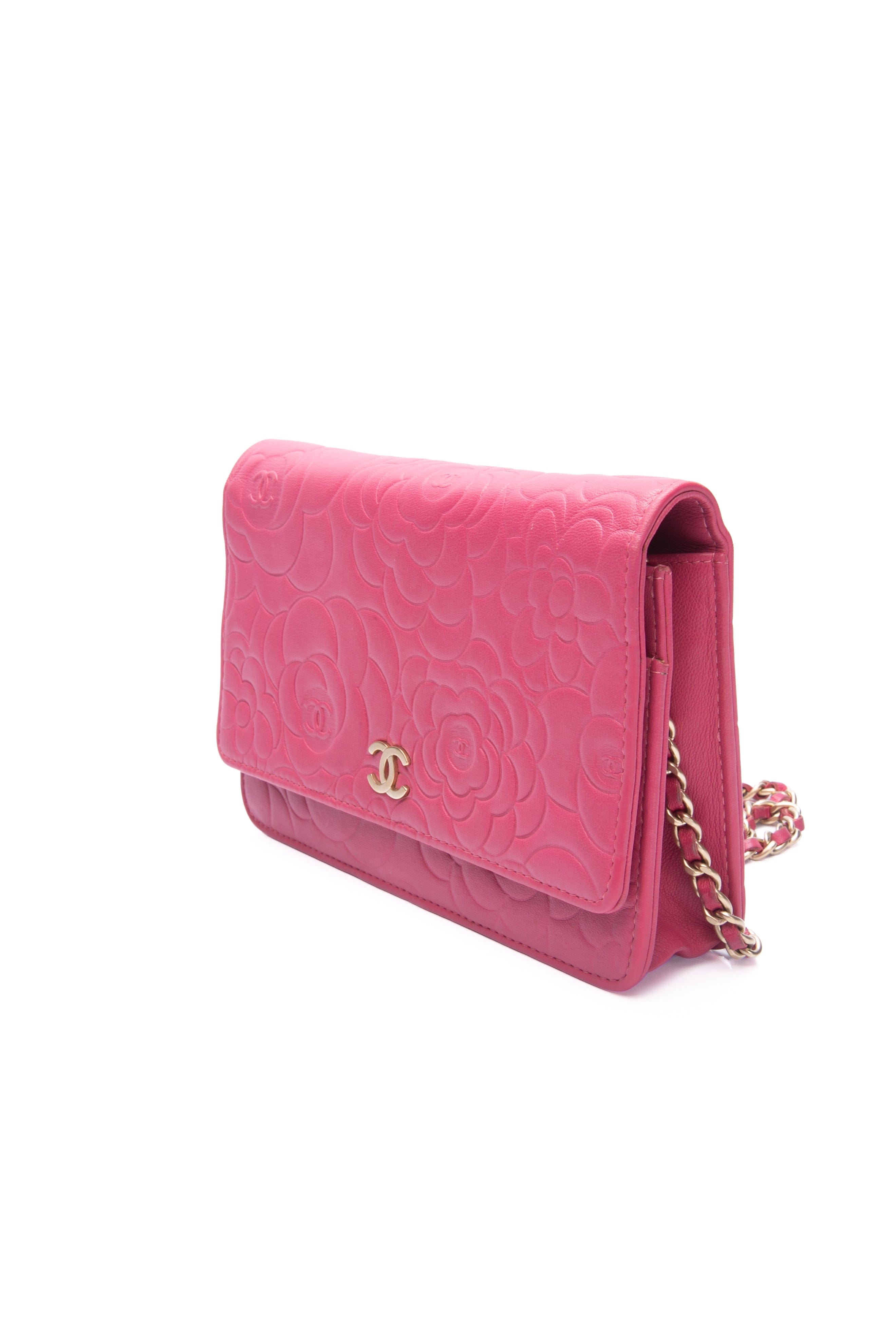 CHANEL Pink Lambskin Quilted Camellia Wallet on Chain WOC