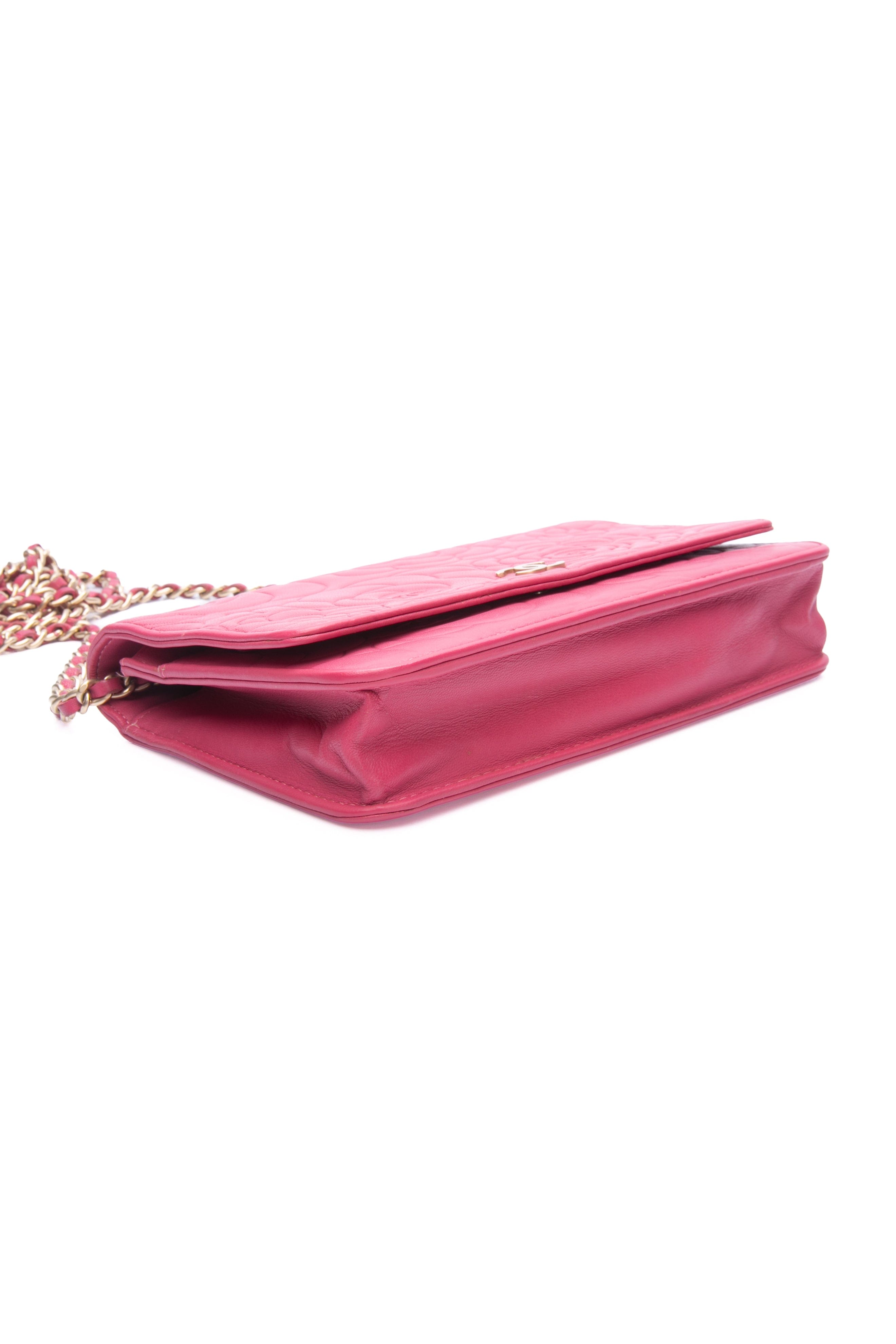 CHANEL Pink Lambskin Quilted Camellia Wallet on Chain WOC