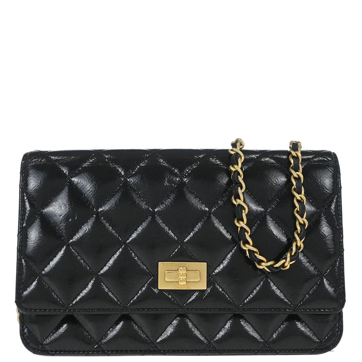 Chanel 2014 - 2015 Black Patent Leather Mademoiselle Lock WOC Wallet on Chain Bag