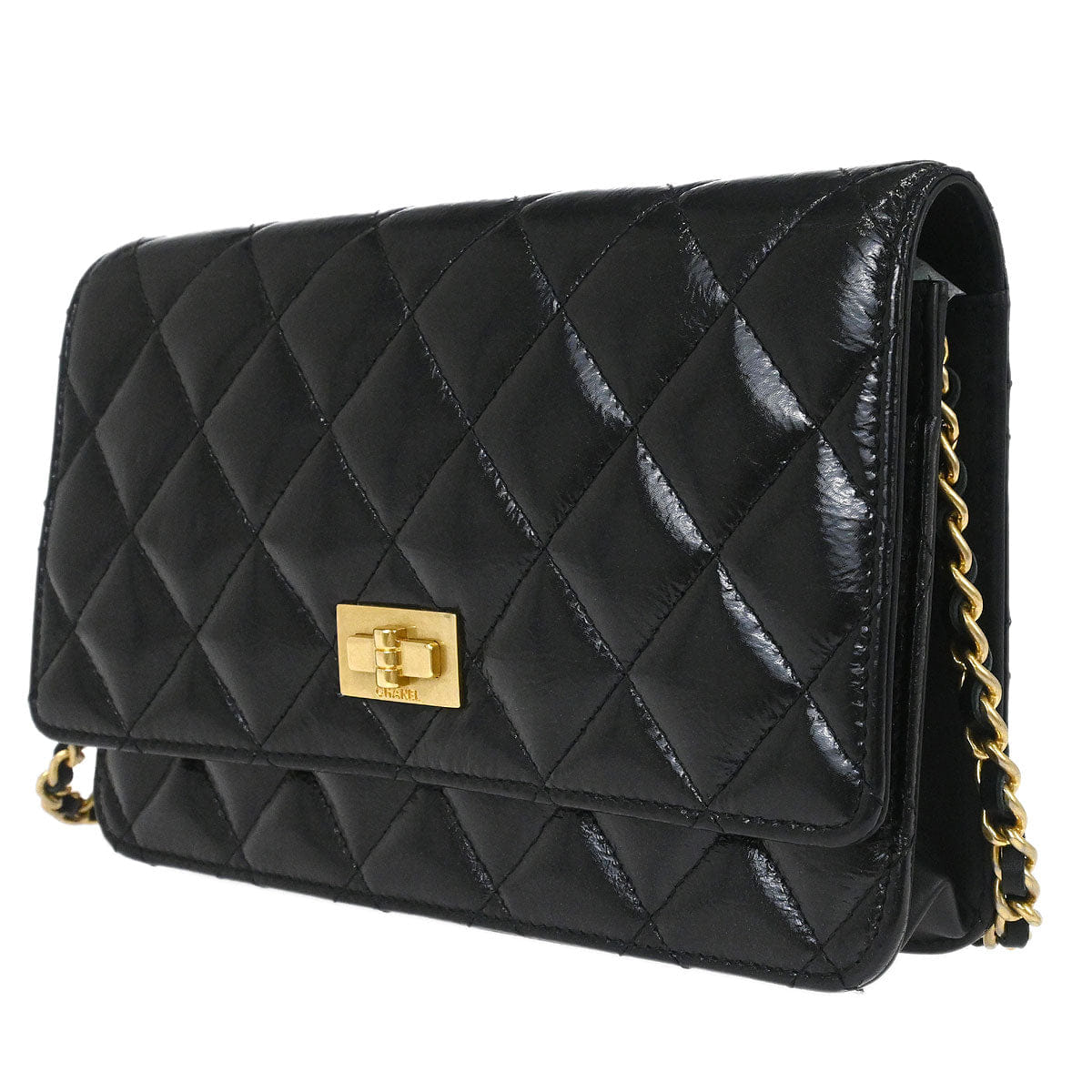 Chanel 2014 - 2015 Black Patent Leather Mademoiselle Lock WOC Wallet on Chain Bag