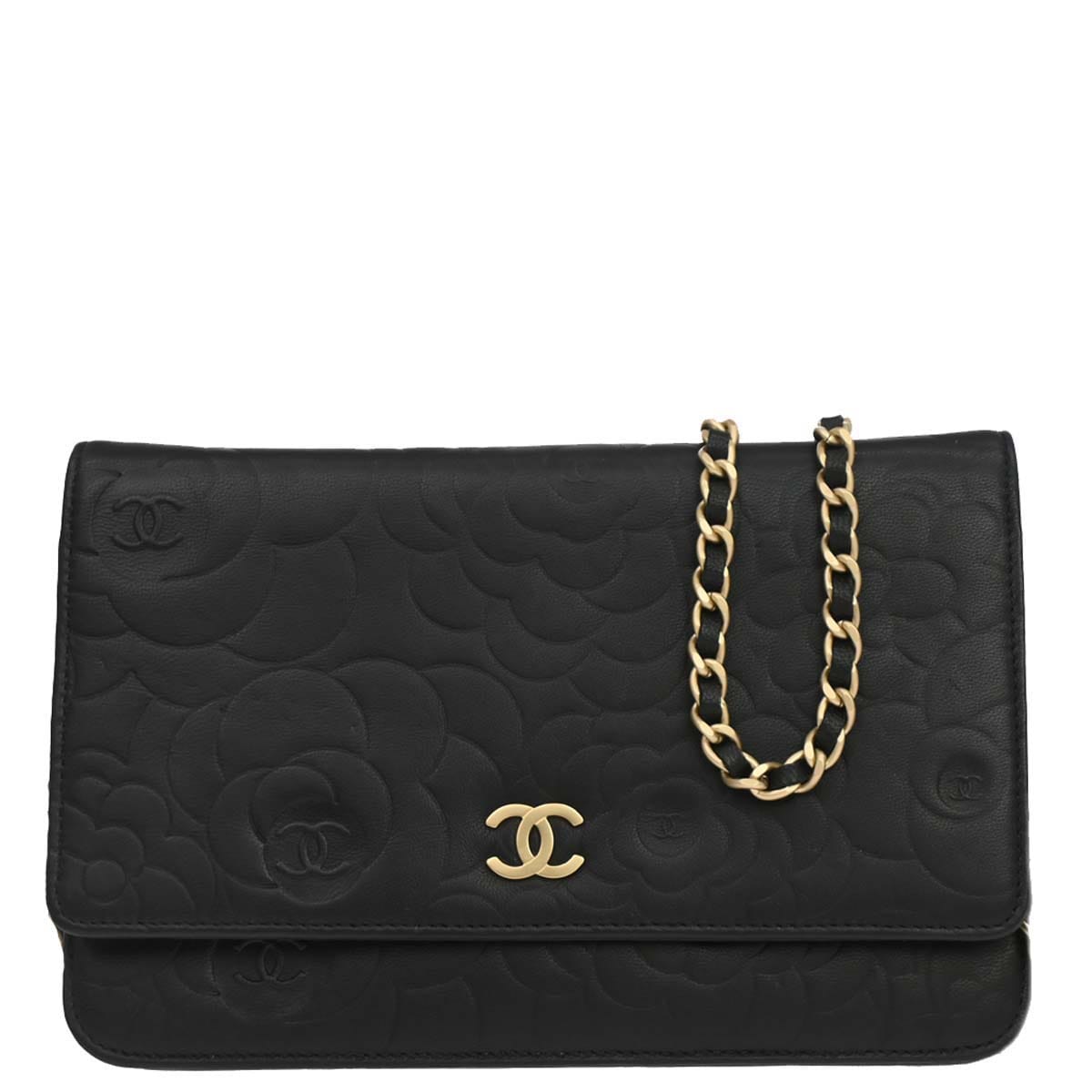 Chanel 2012 Black Lambskin Camellia WOC Wallet on Chain Bag