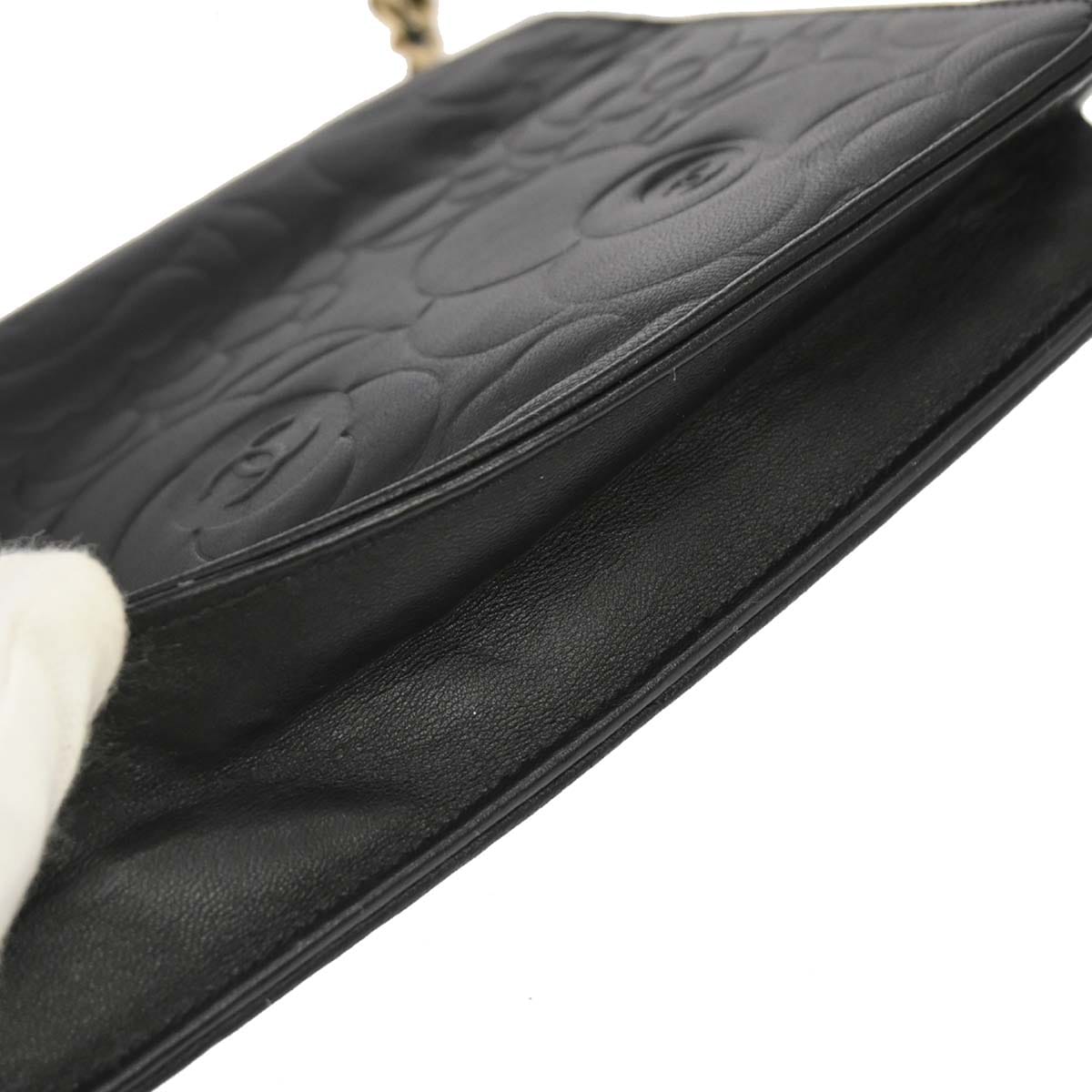 Chanel 2012 Black Lambskin Camellia WOC Wallet on Chain Bag