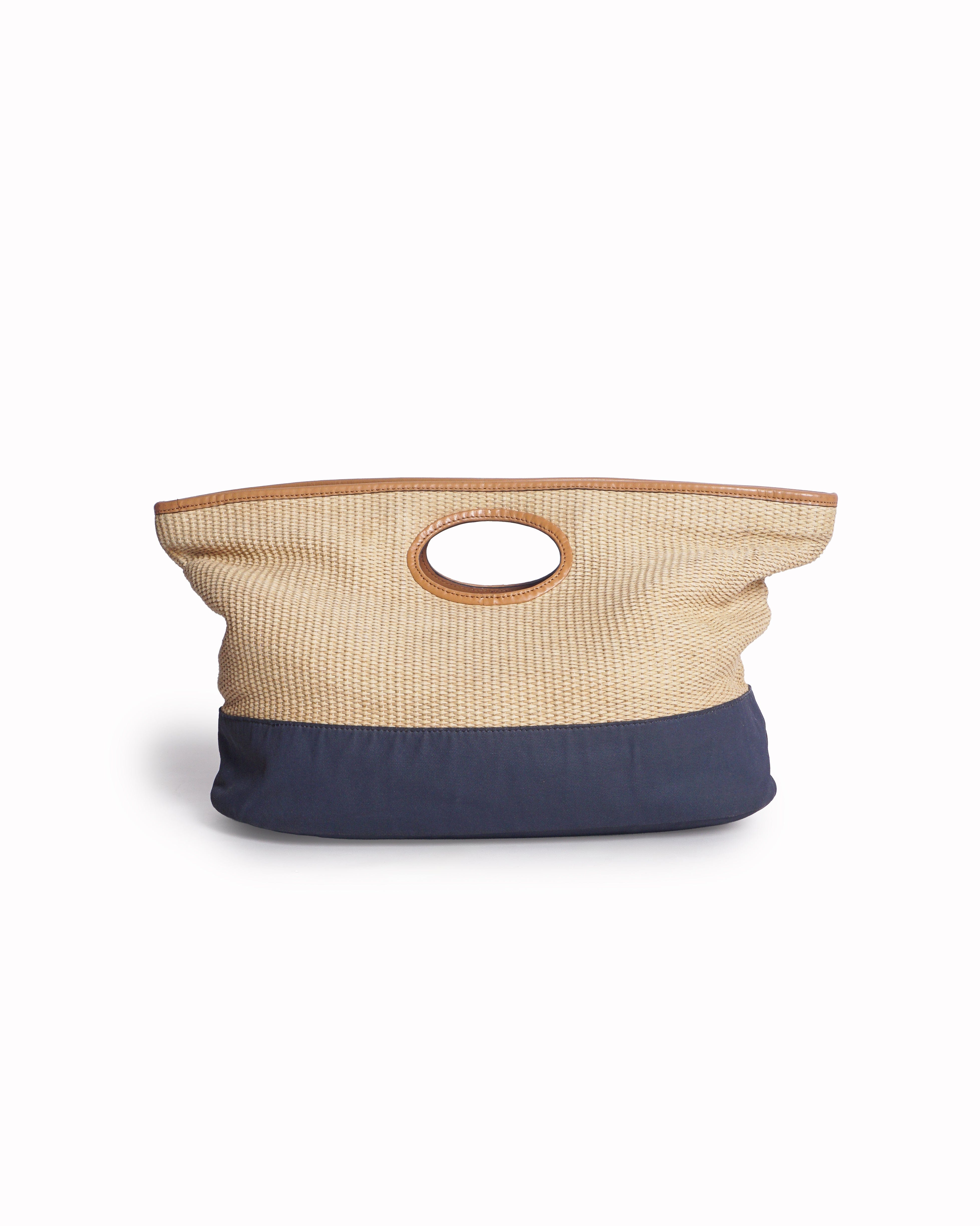 Tory Burch Natural Straw & Navy Blue Ella Tote Bag