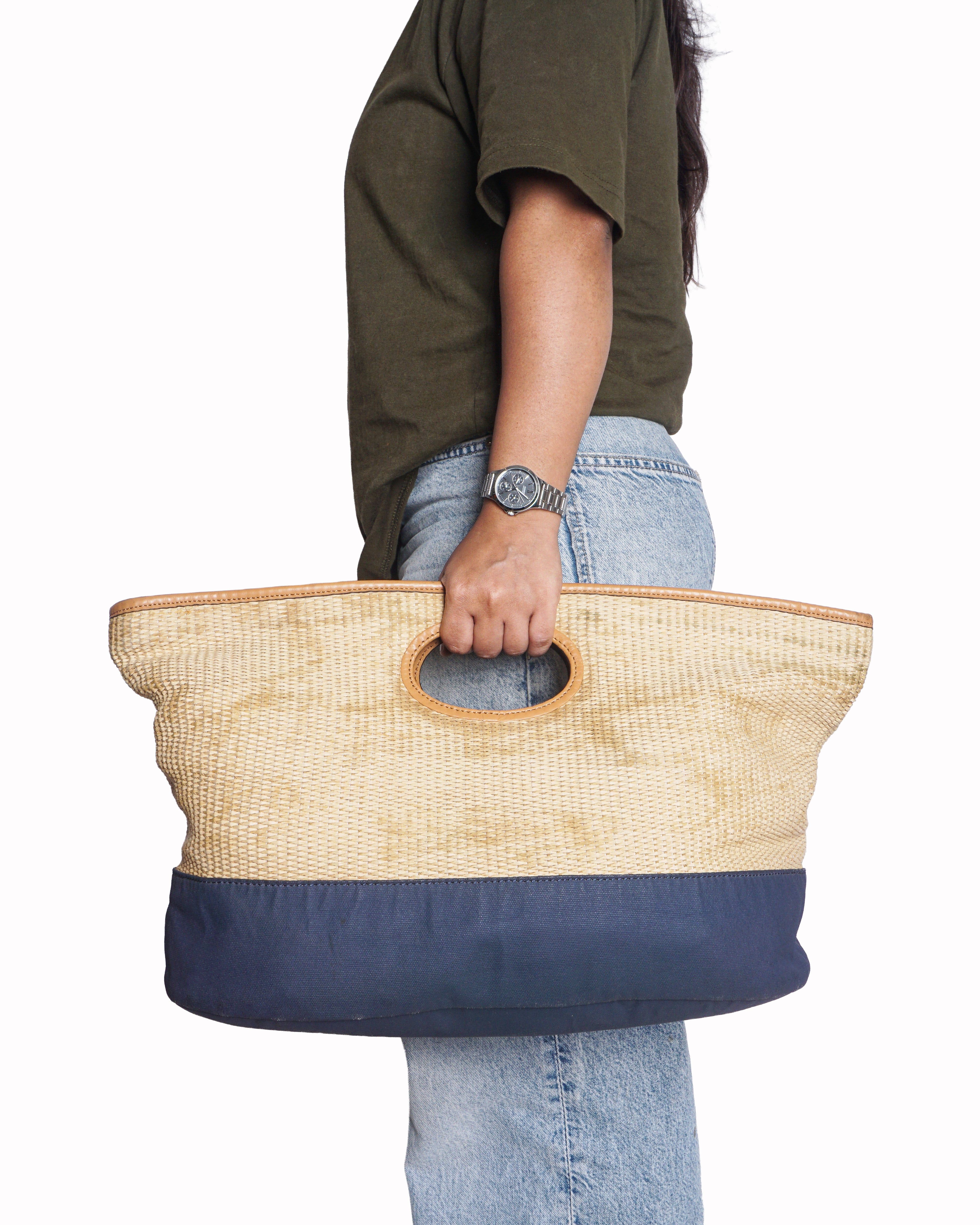 Tory Burch Natural Straw & Navy Blue Ella Tote Bag