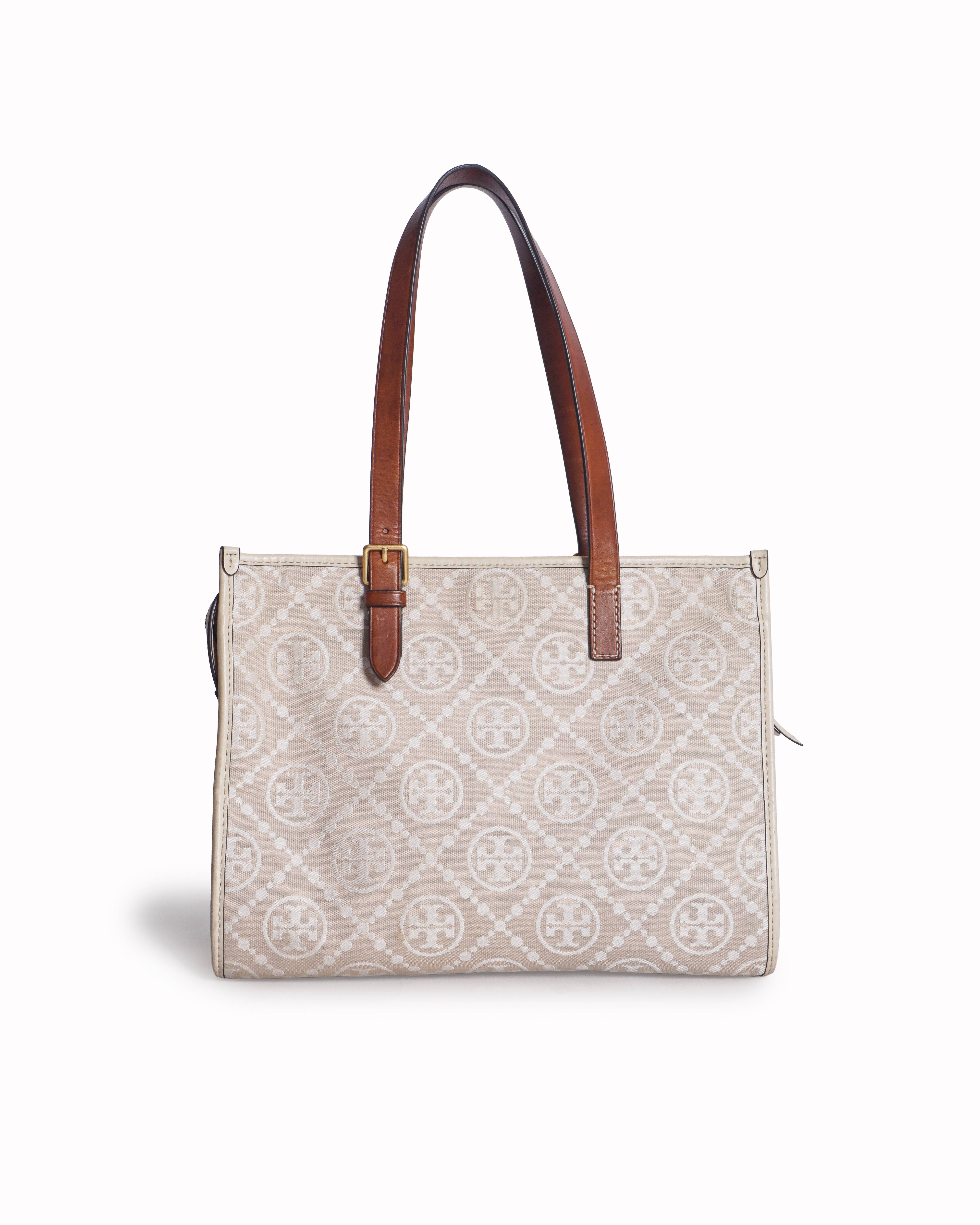 Tory Burch Beige Jacquard T Monogram Small Tote Bag