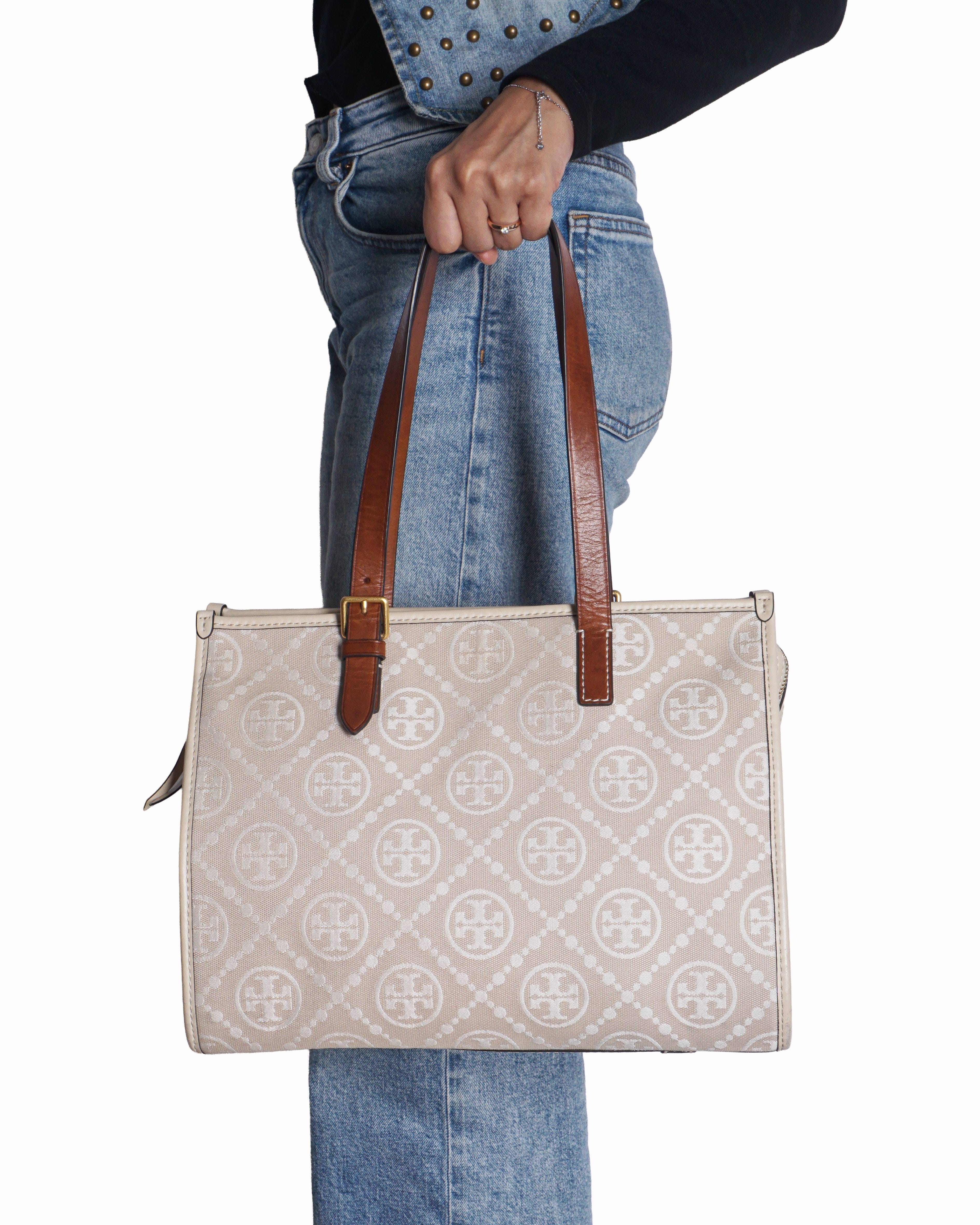 Tory Burch Beige Jacquard T Monogram Small Tote Bag