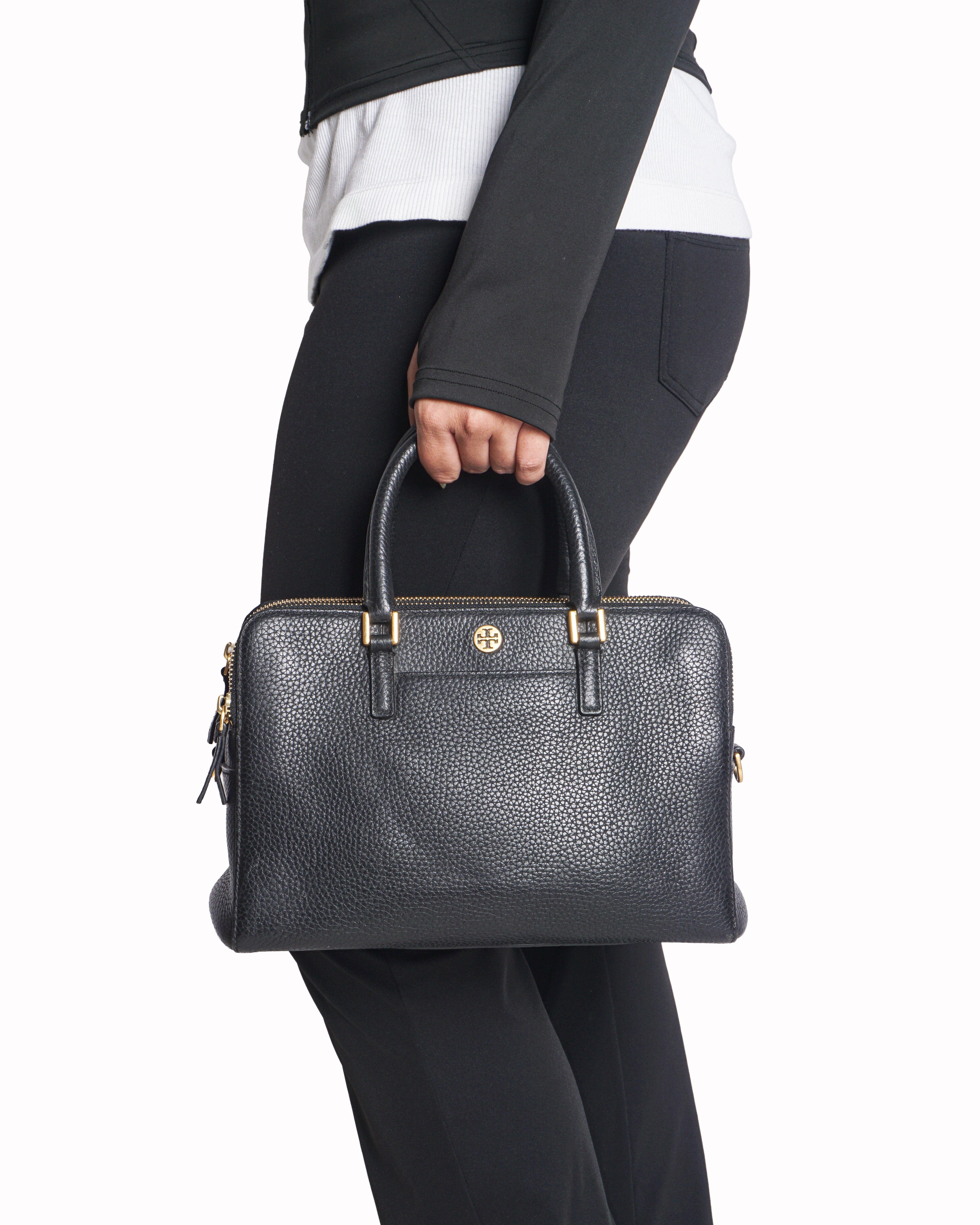 Tory Burch Black Pebbled Leather Robinson Double Zip Tote Bag