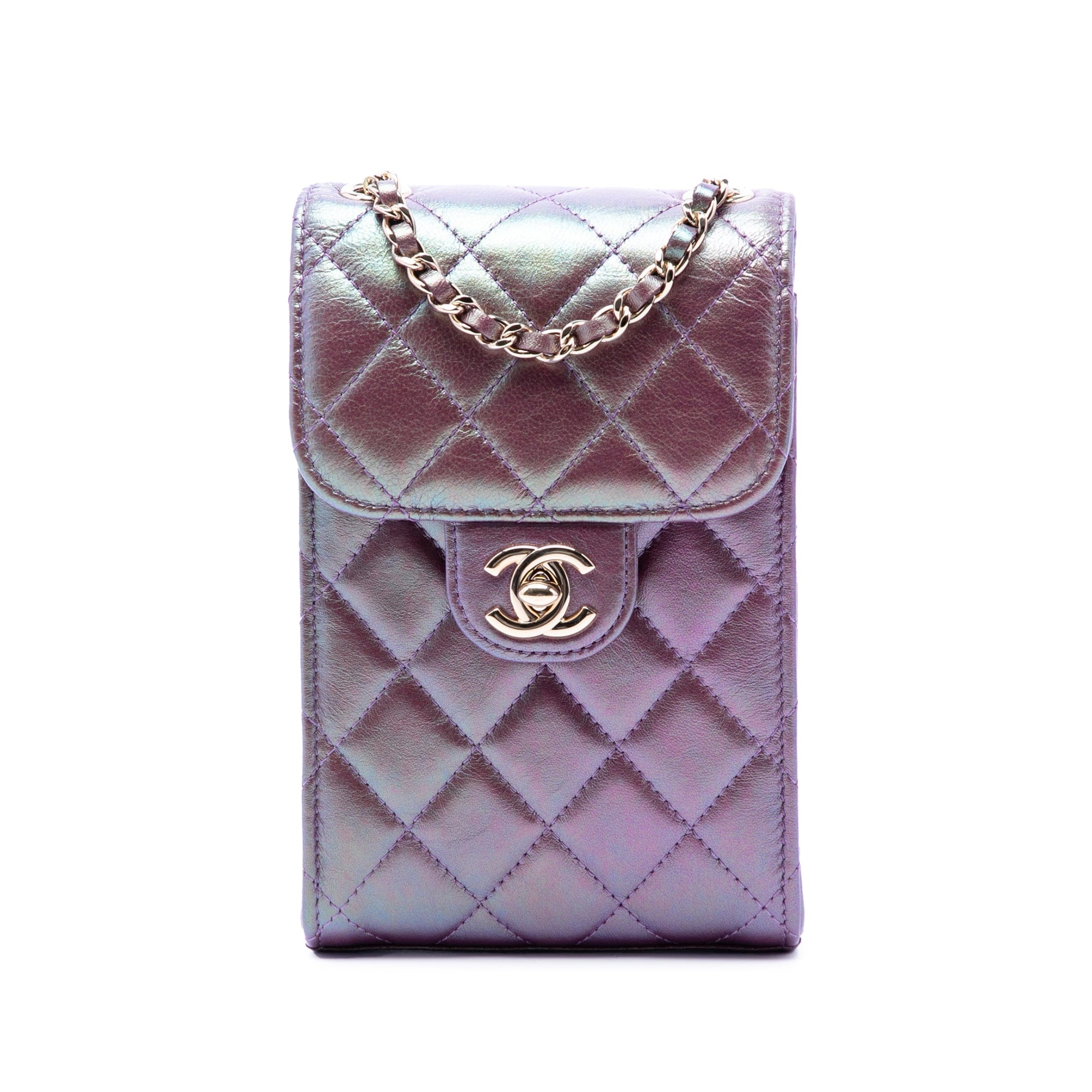 Chanel CC Quilted Iridescent Lambskin Phone Holder with Chain