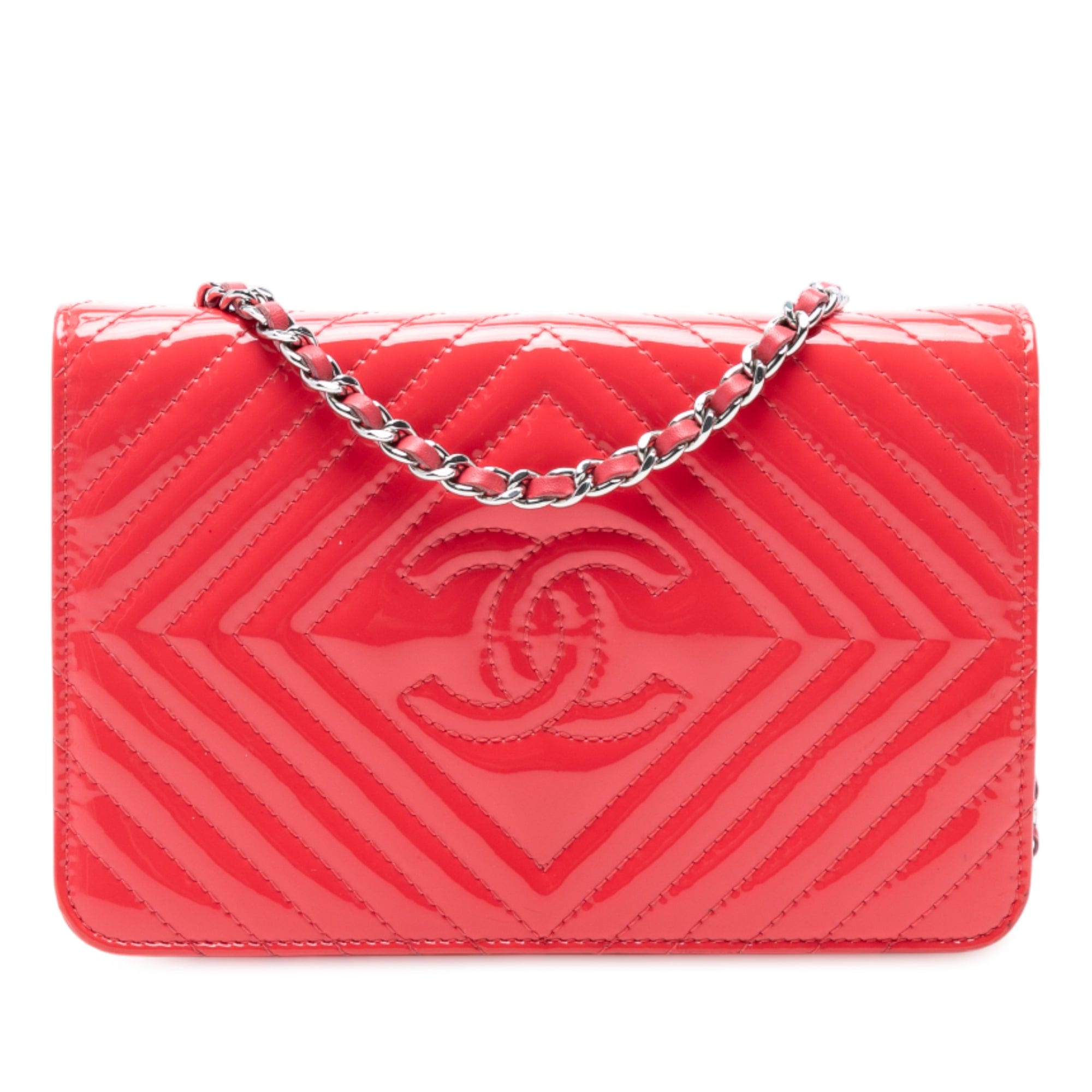 Chanel CC Patent Diamond Quilted Wallet On Chain